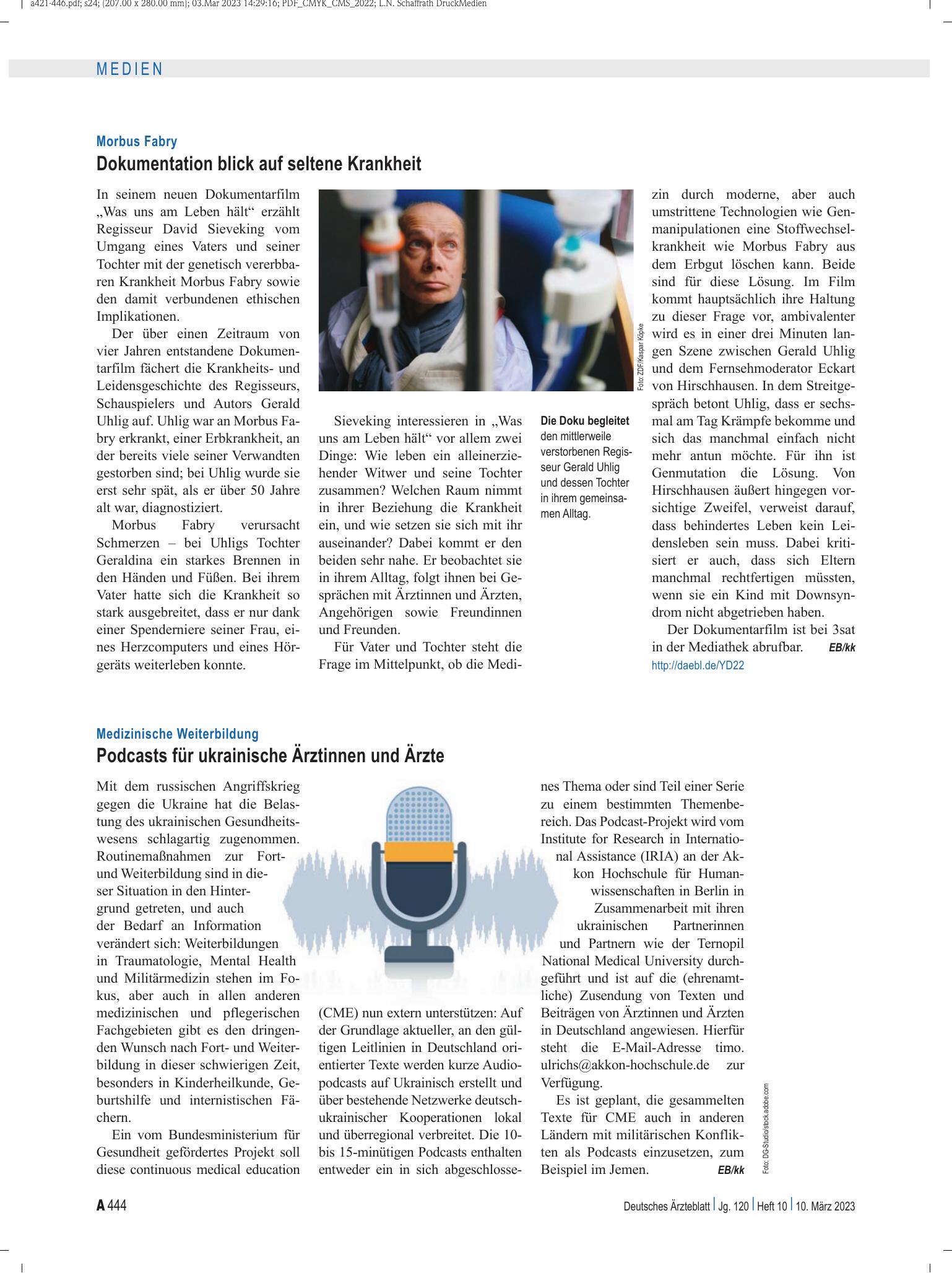 Vorschauseite 1: Morbus Fabry: Dokumentation blick auf seltene Krankheit – Deutsches Ärzteblatt