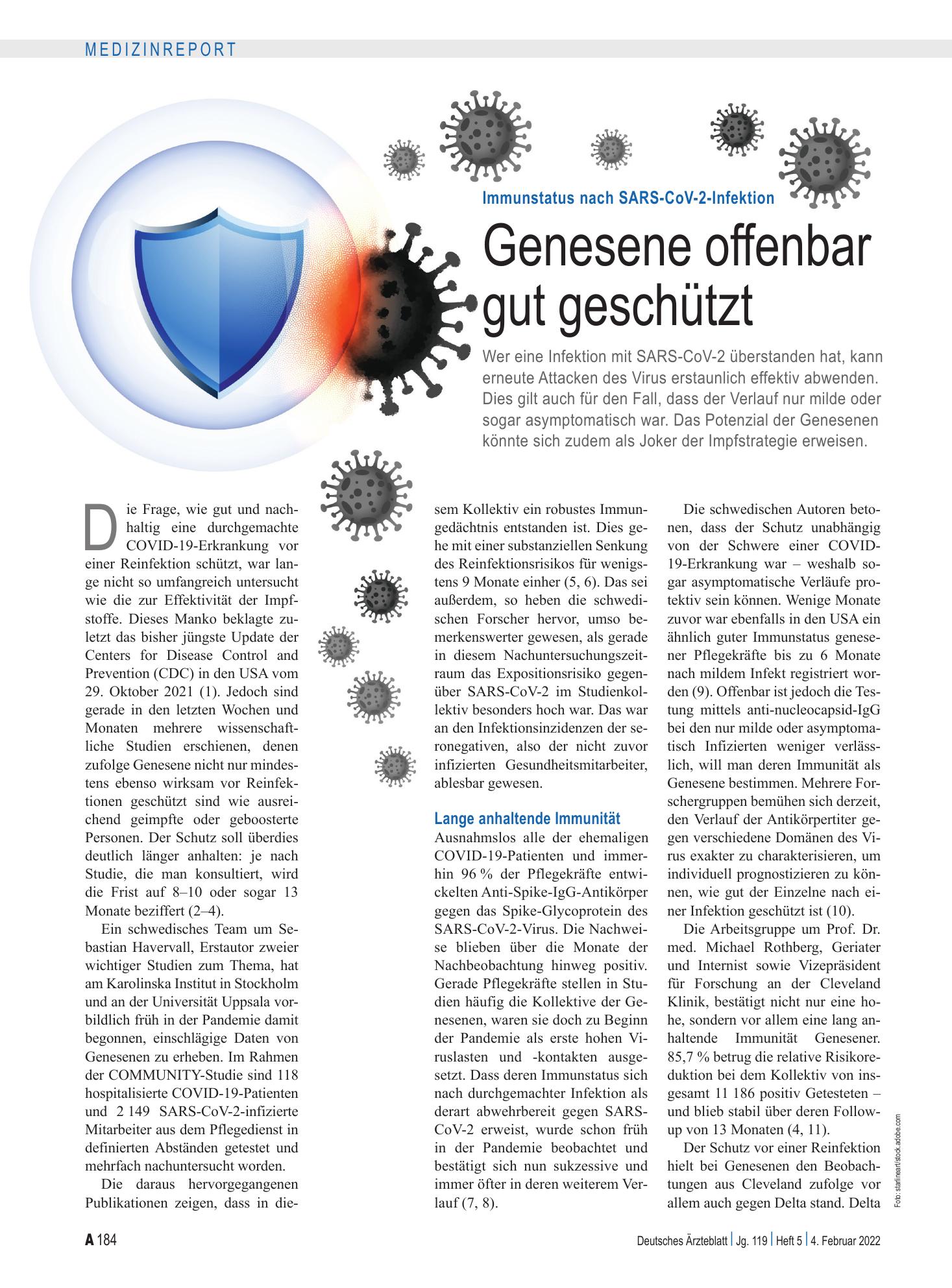 Vorschauseite 1: Immunstatus nach SARS-CoV-2-Infektion: Genesene offenbar gut geschützt – Deutsches Ärzteblatt