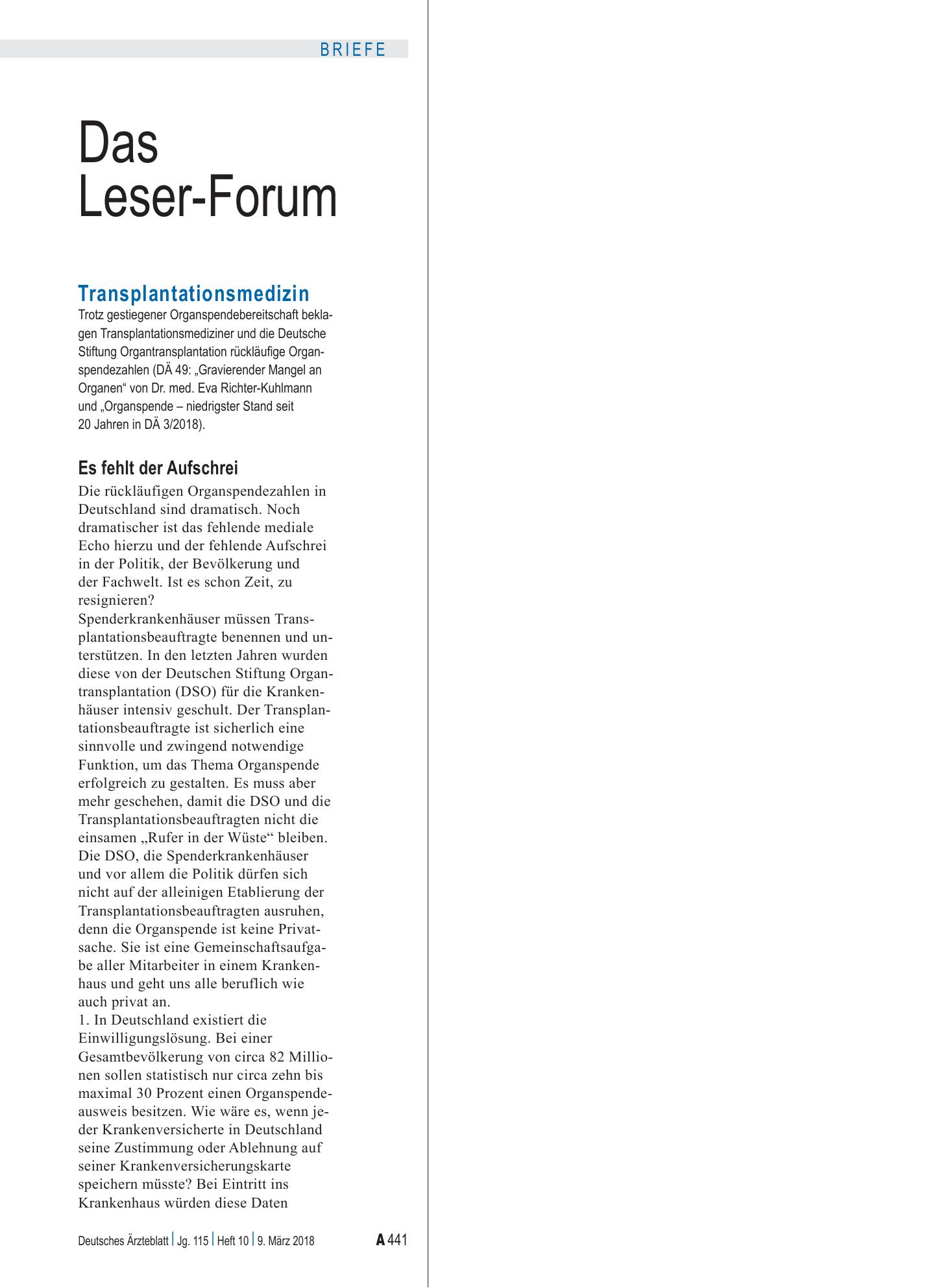 Vorschauseite 1: Transplantationsmedizin: Es fehlt der Aufschrei – Deutsches Ärzteblatt