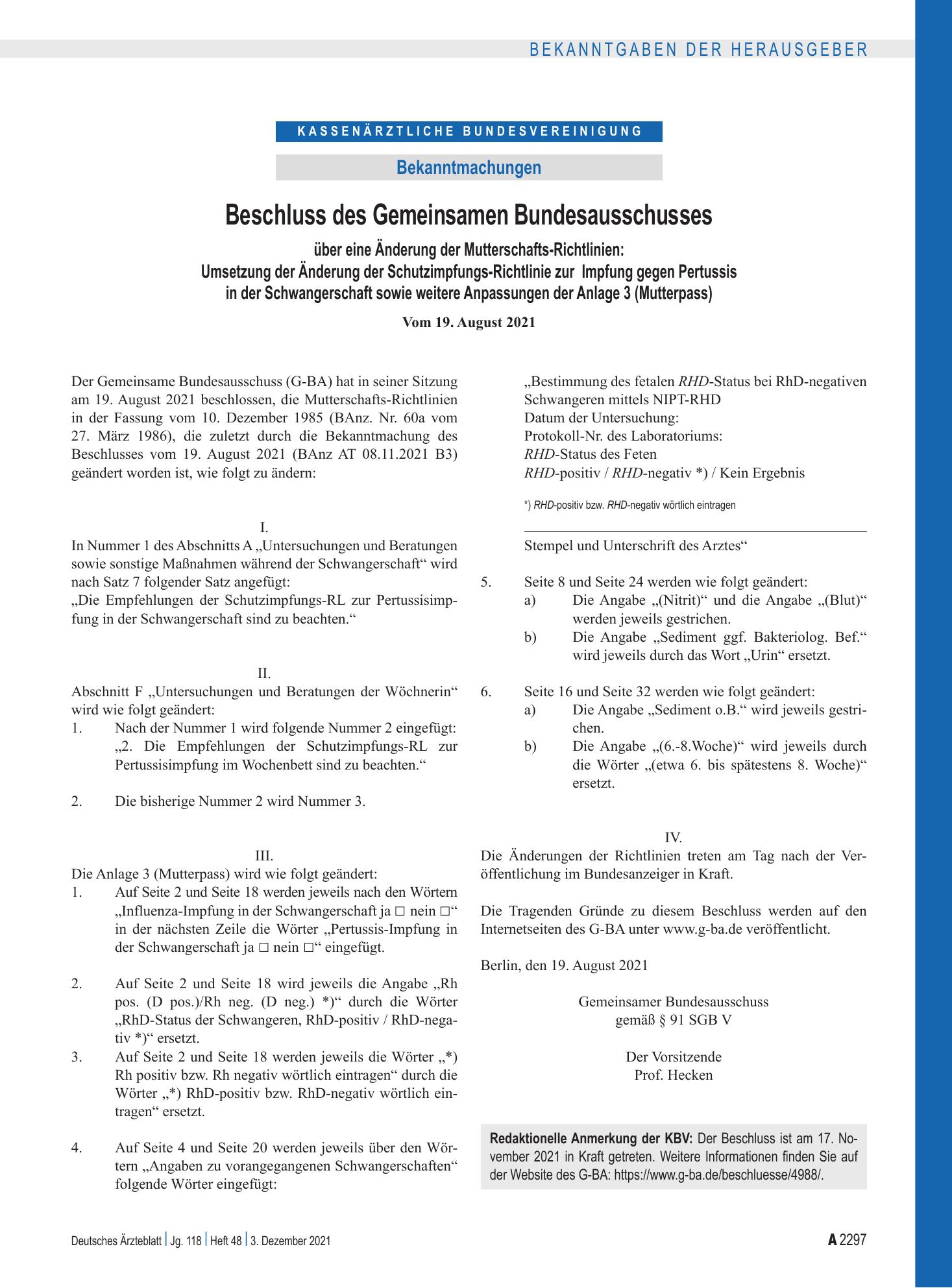 Vorschauseite 1: Beschluss des Gemeinsamen Bundesausschusses über eine Änderung der Mutterschafts-Richtlinien – Deutsches Ärzteblatt