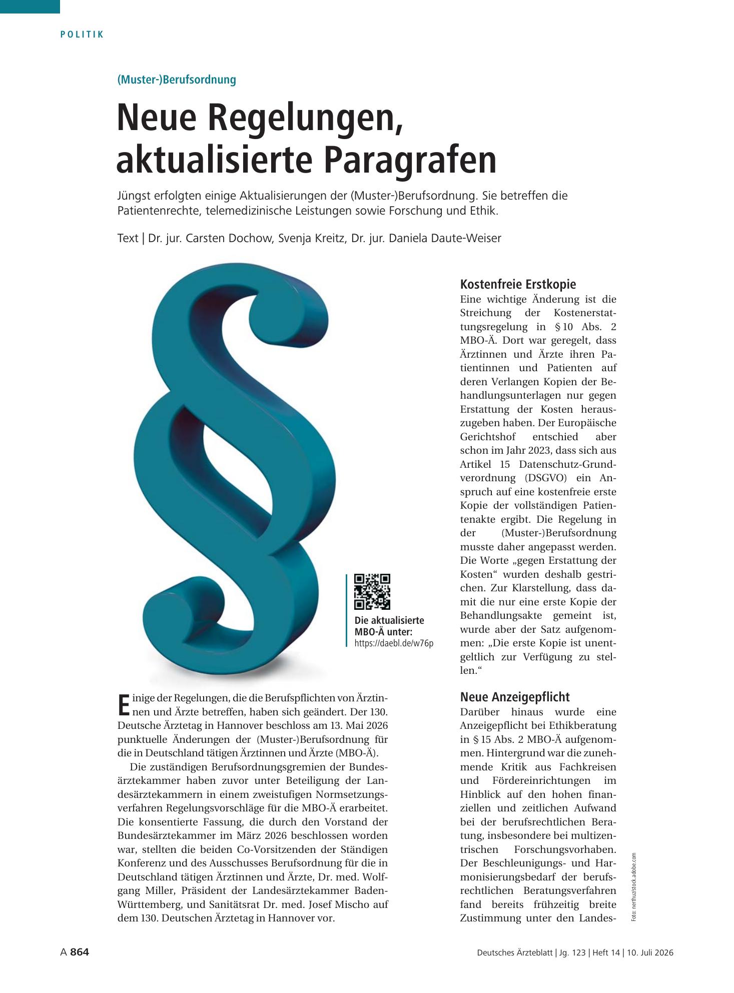 Vorschauseite 1: (Muster-)Berufsordnung: Neue Regelungen, aktualisierte Paragrafen – Deutsches Ärzteblatt