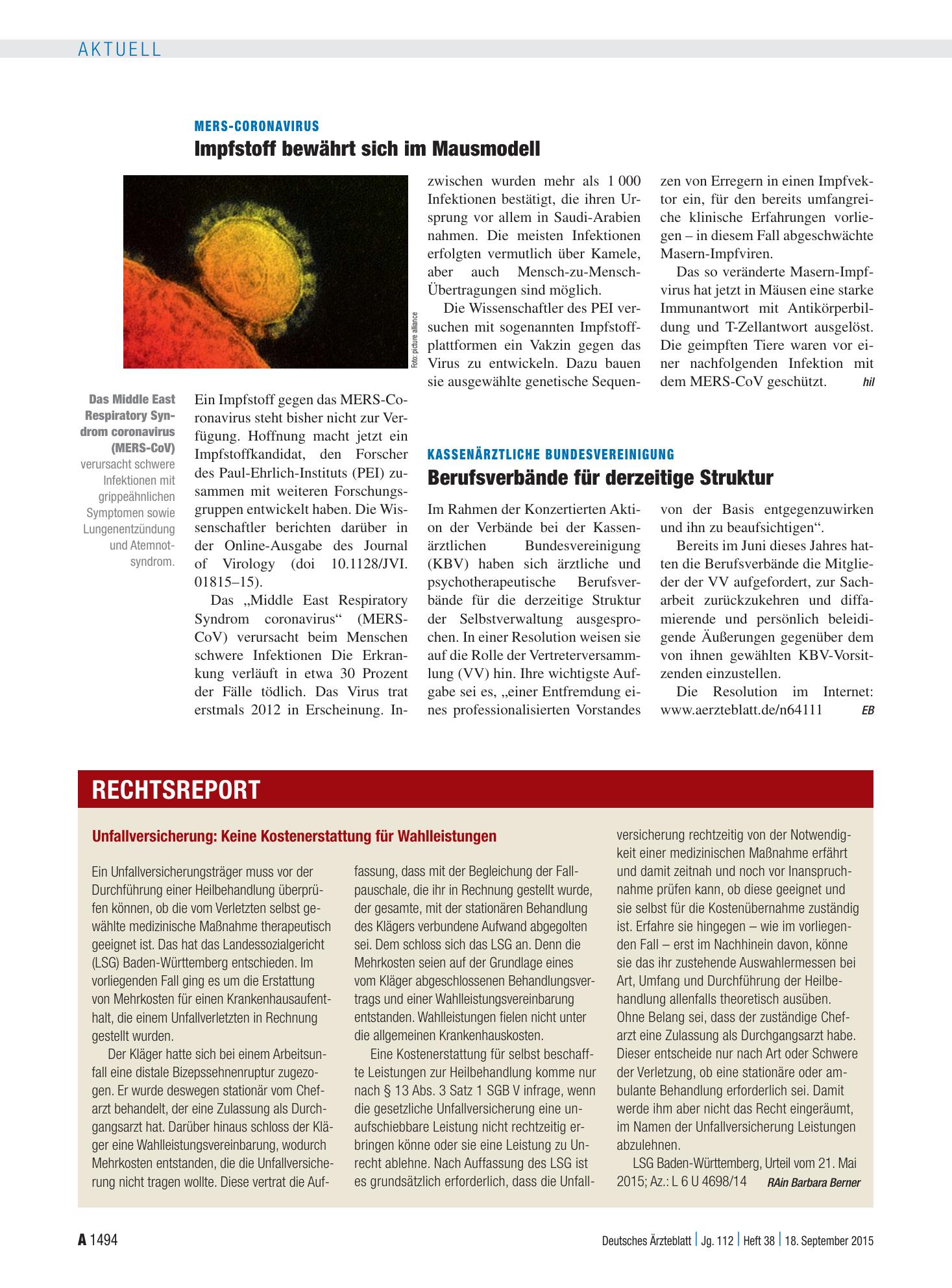 Vorschauseite 1: MERS-Coronavirus: Impfstoff bewährt sich im Mausmodell – Deutsches Ärzteblatt