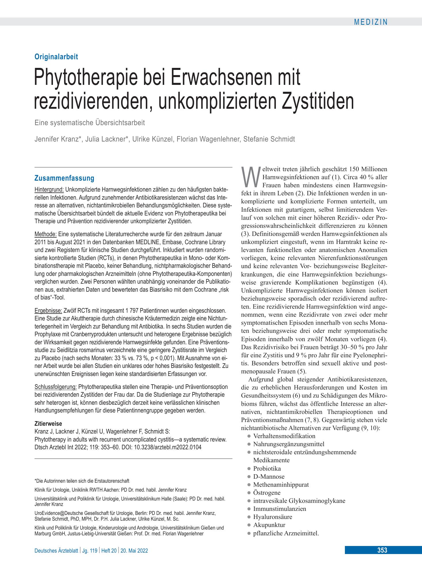Vorschauseite 1: Phytotherapie bei Erwachsenen mit rezidivierenden, unkomplizierten Zystitiden – Deutsches Ärzteblatt