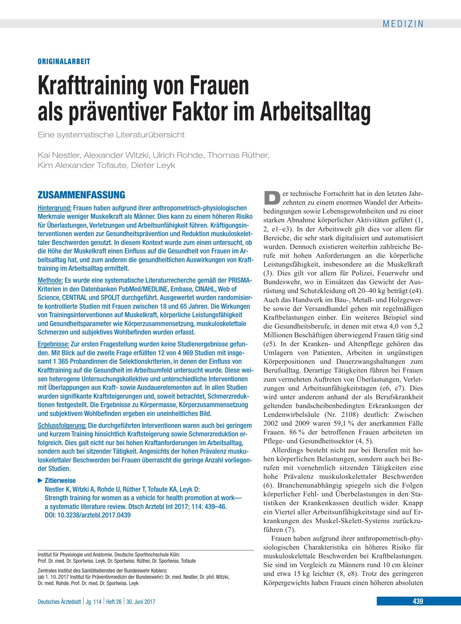 Vorschauseite 1: Krafttraining von Frauen als präventiver Faktor im Arbeitsalltag – Deutsches Ärzteblatt