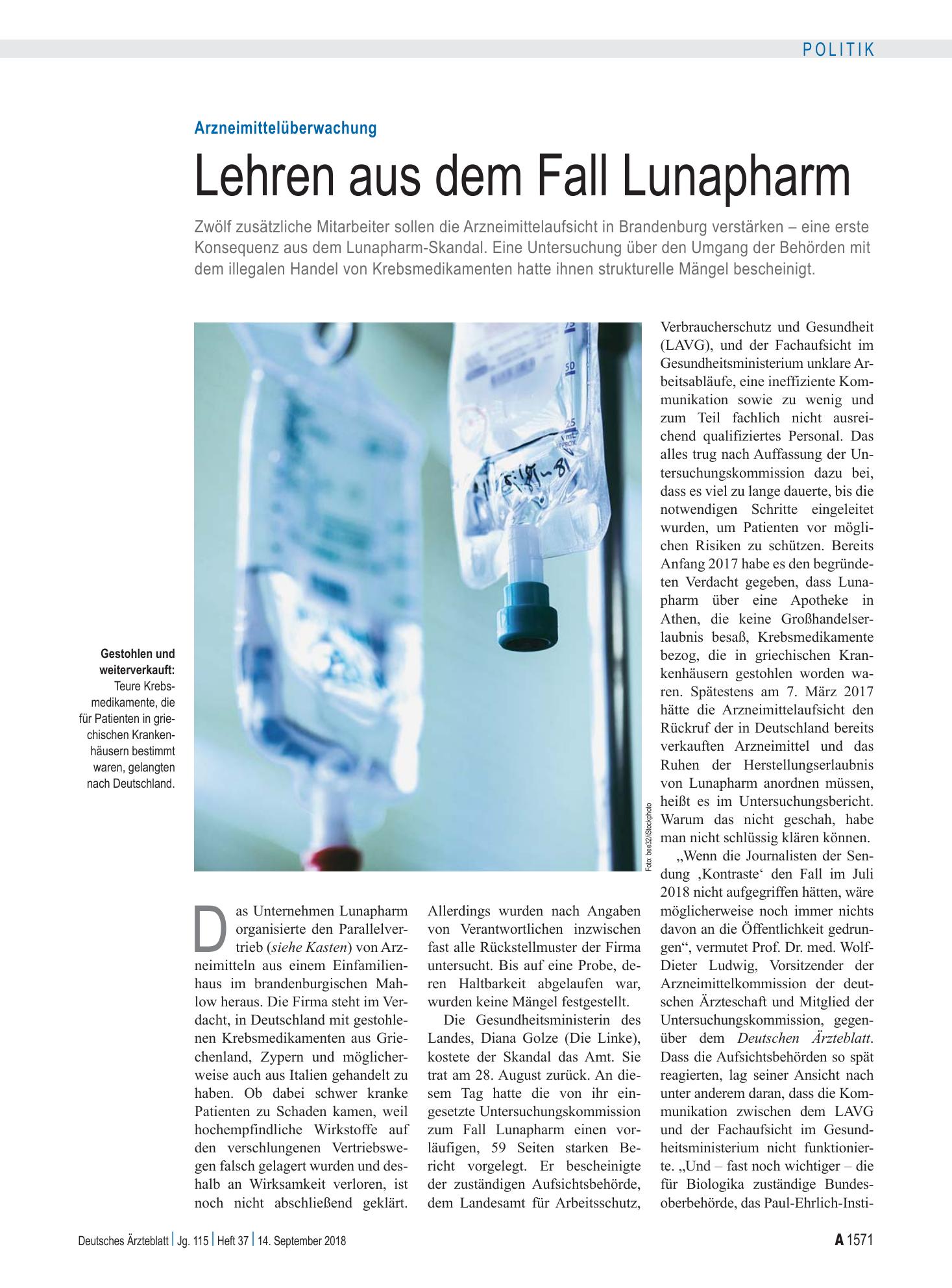 Vorschauseite 1: Arzneimittelüberwachung: Lehren aus dem Fall Lunapharm – Deutsches Ärzteblatt