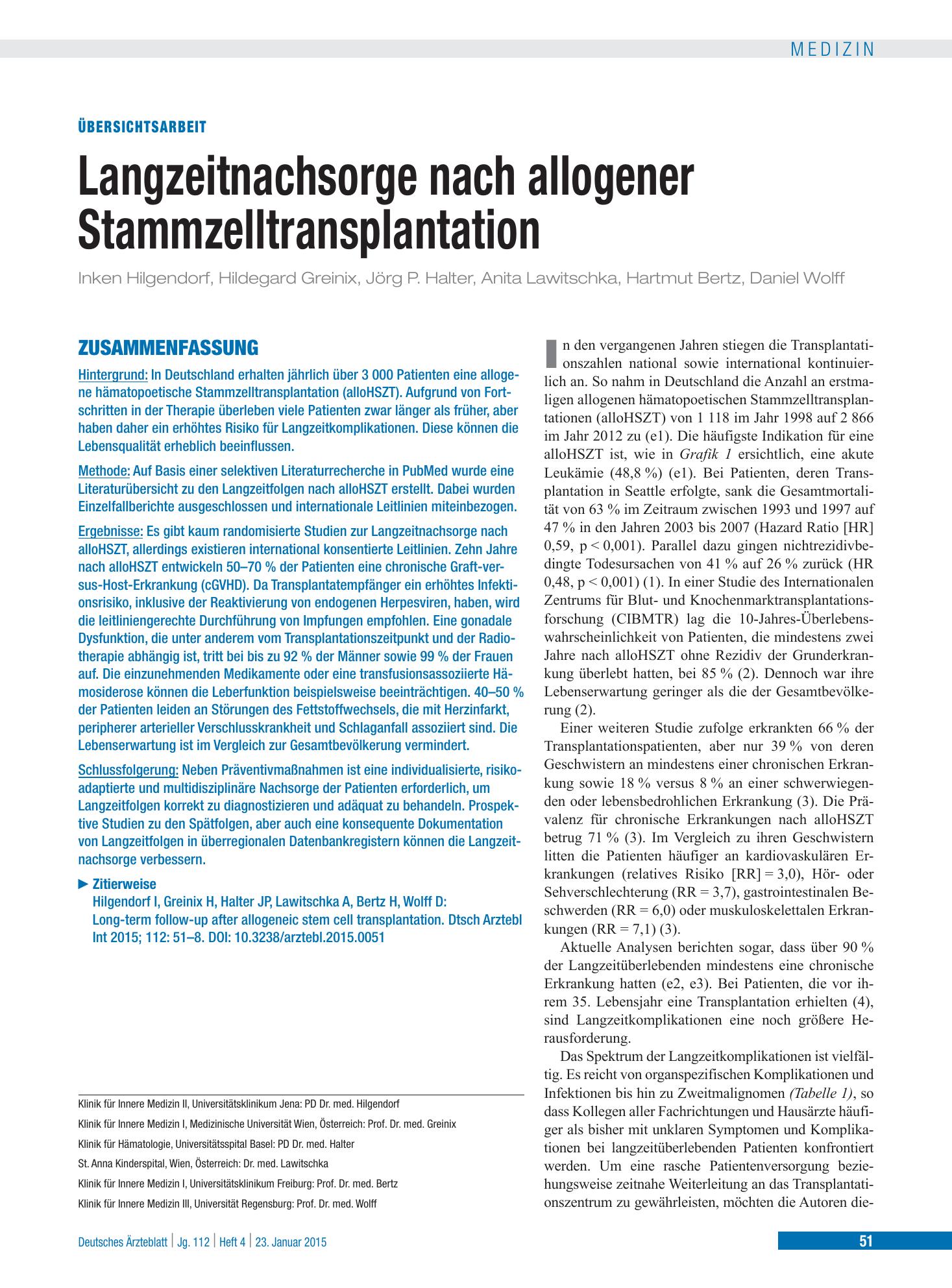 Vorschauseite 1: Langzeitnachsorge nach allogener Stammzelltransplantation – Deutsches Ärzteblatt