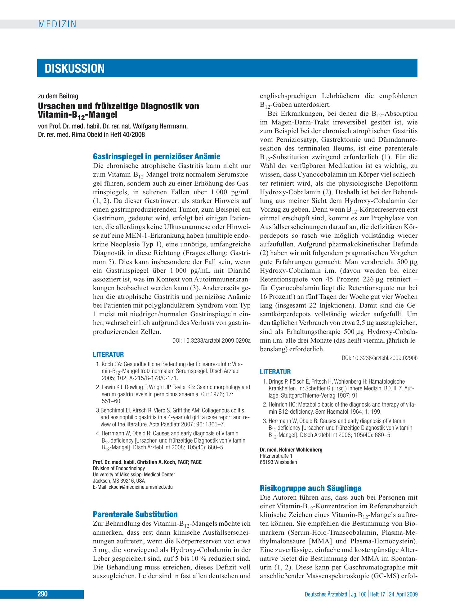 Vorschauseite 1: Ursachen und frühzeitige Diagnostik von Vitamin-B12-Mangel: Gastrinspiegel in perniziöser Anämie – Deutsches Ärzteblatt