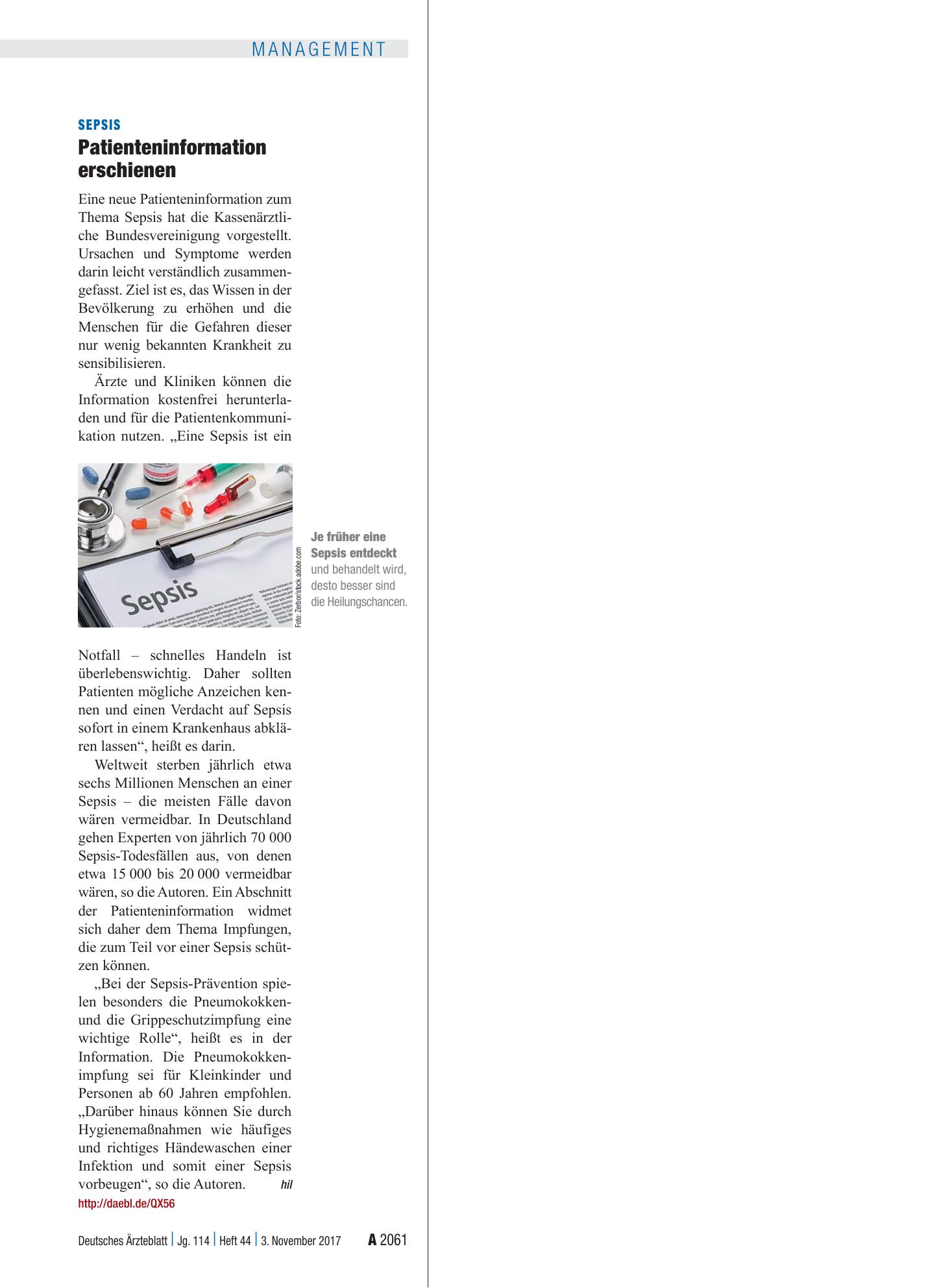 Vorschauseite 1: Sepsis: Patienteninformation erschienen – Deutsches Ärzteblatt