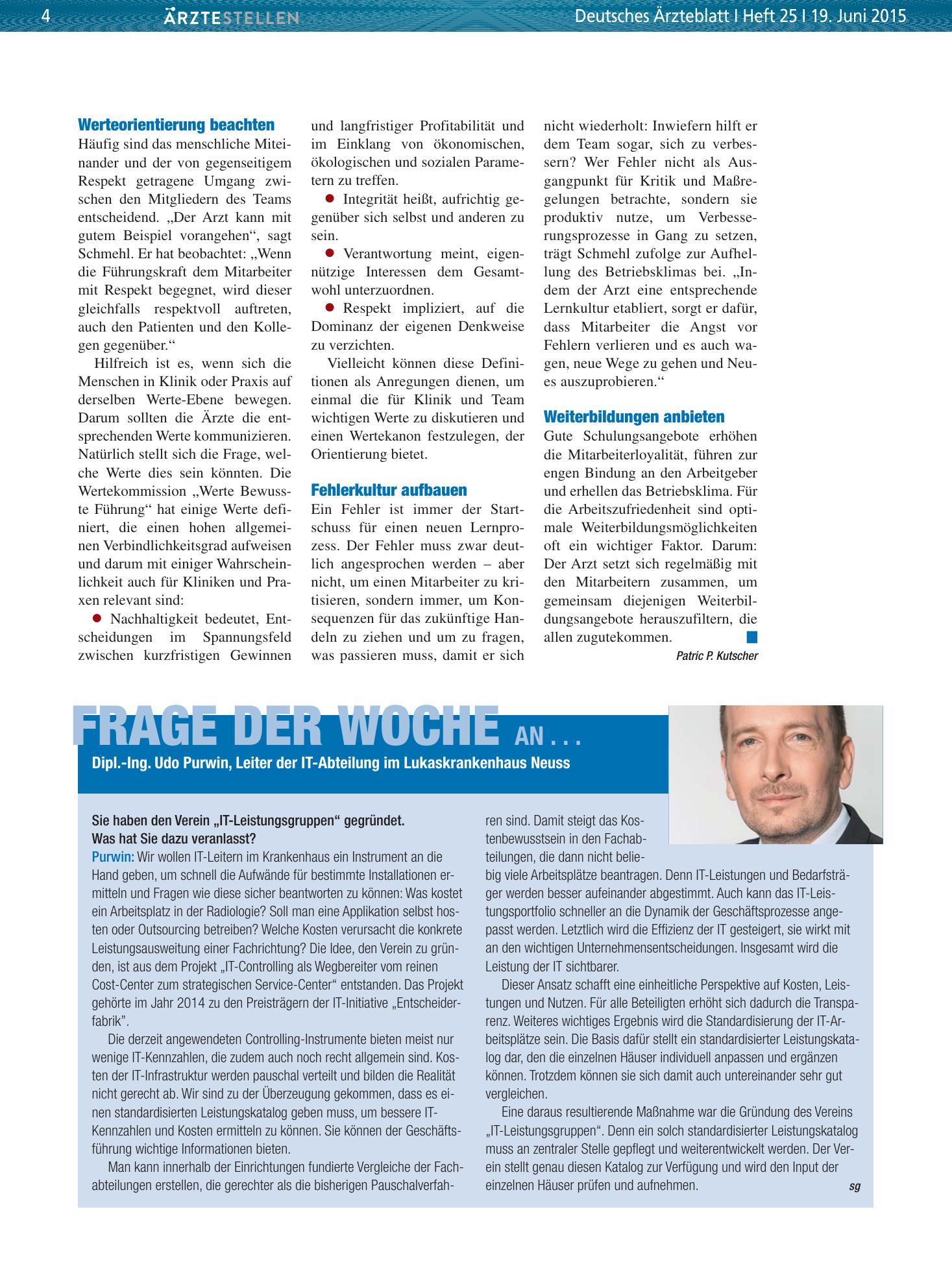 Vorschauseite 1: Frage der Woche an . . . Dipl.-Ing. Udo Purwin, Leiter der IT-Abteilung im Lukaskrankenhaus Neuss – Deutsches Ärzteblatt