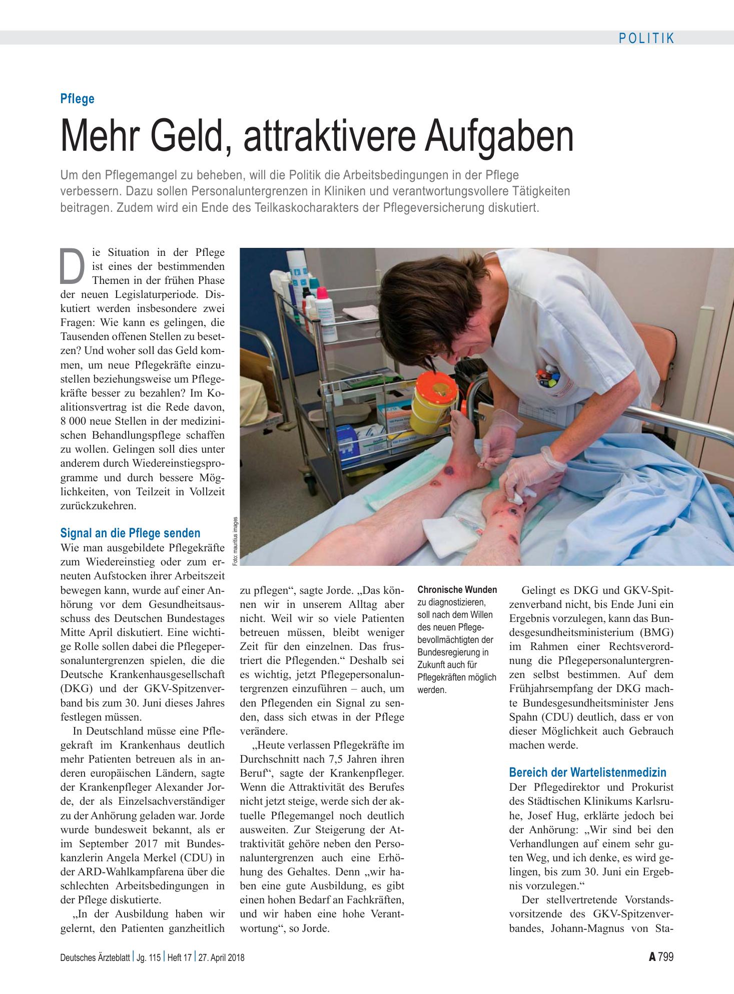 Vorschauseite 1: Pflege: Mehr Geld, attraktivere Aufgaben – Deutsches Ärzteblatt