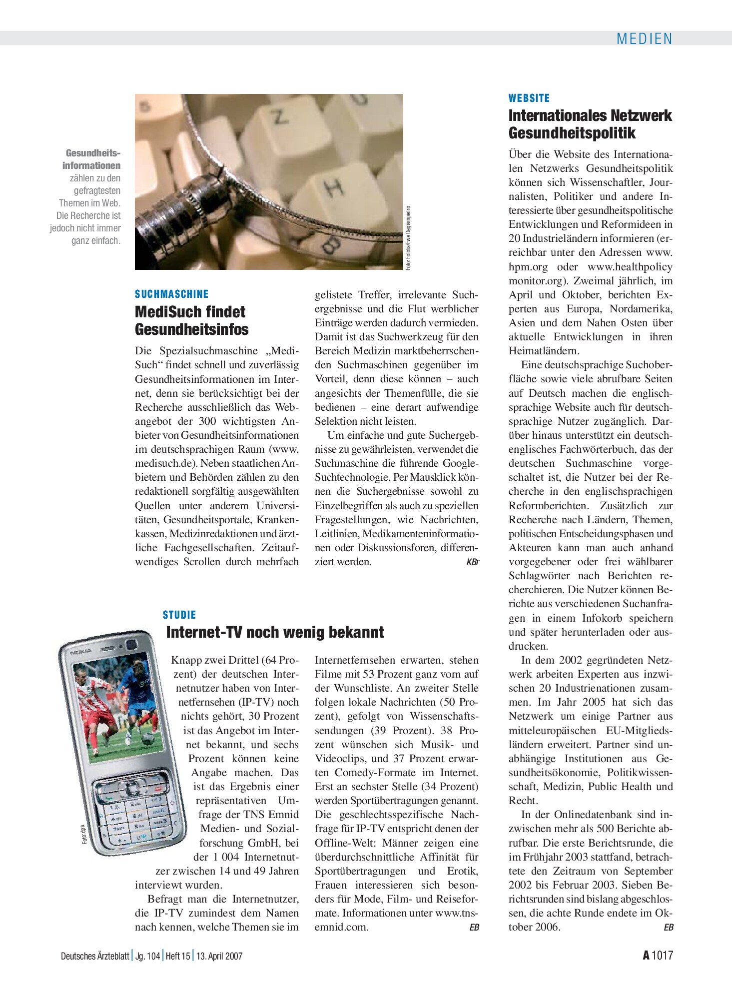 Vorschauseite 1: Studie: Internet-TV noch wenig bekannt – Deutsches Ärzteblatt
