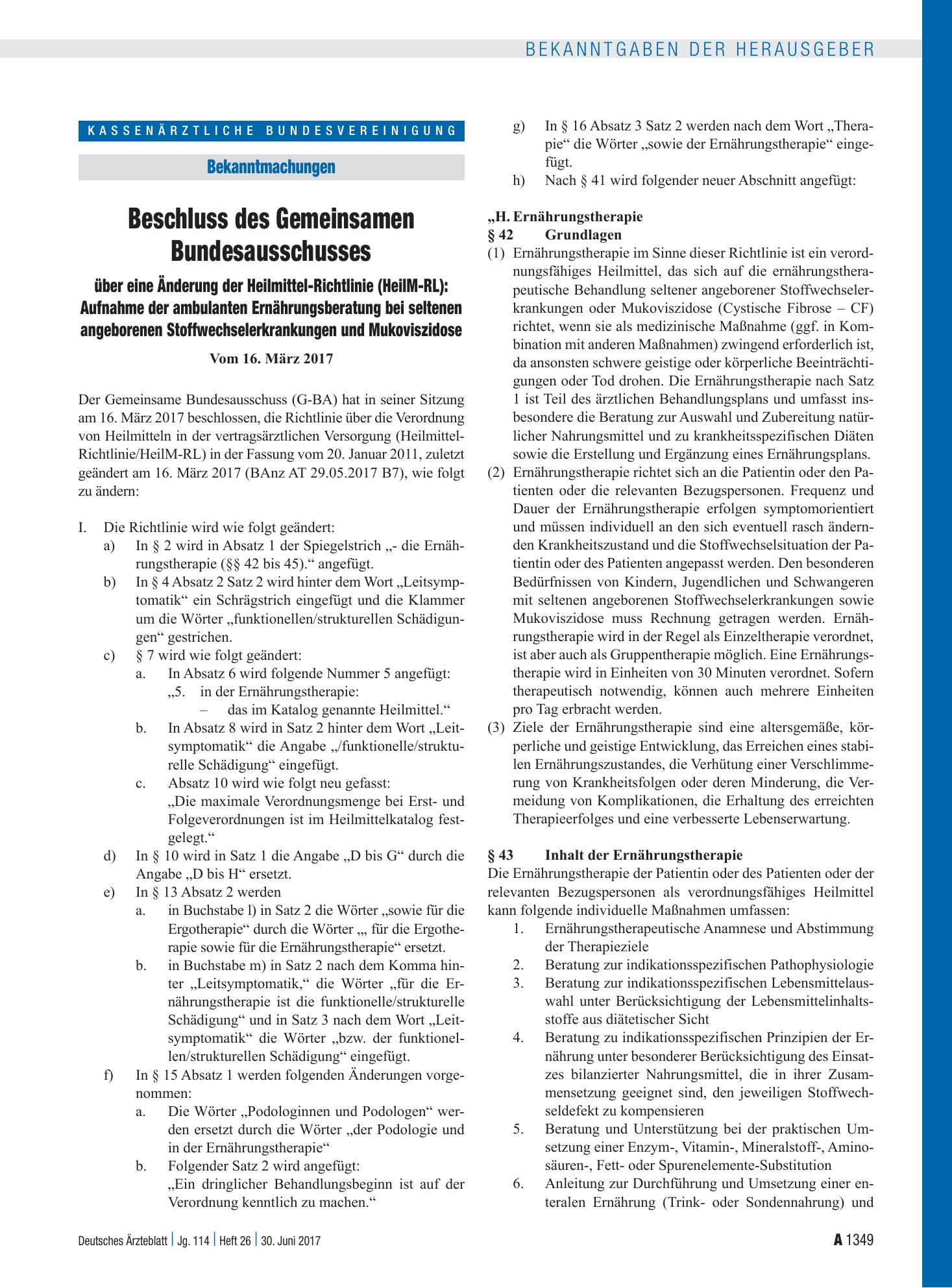 Vorschauseite 1: Beschluss des Gemeinsamen Bundesausschusses über eine Änderung der Heilmittel-Richtlinie (HeilM-RL): Aufnahme der ambulanten Ernährungsberatung bei seltenen angeborenen Stoffwechs…