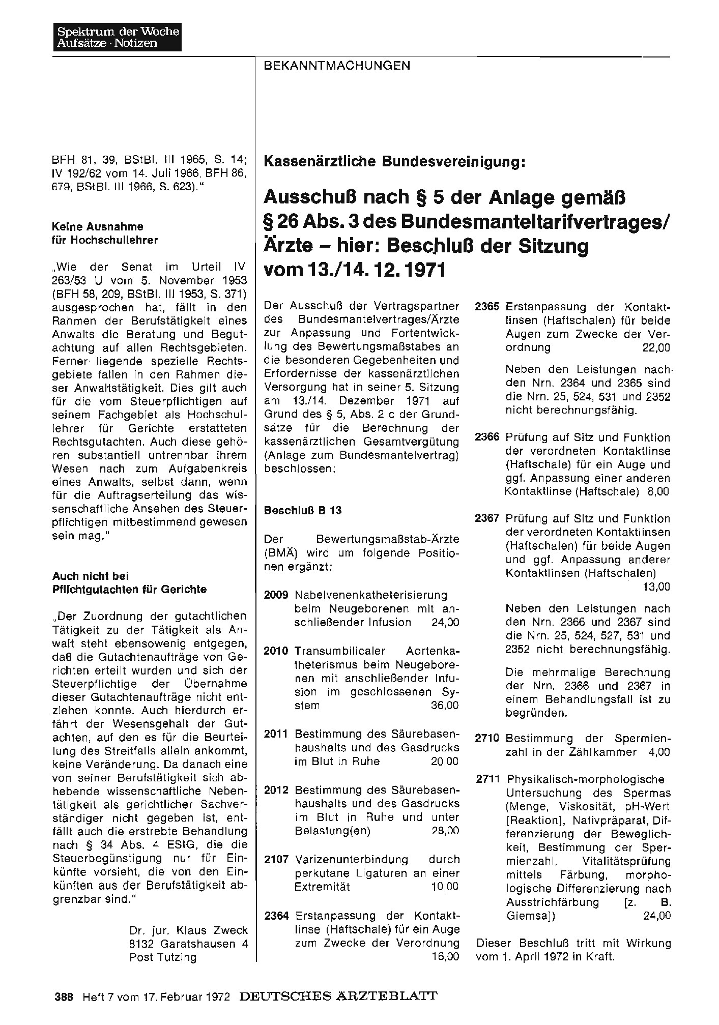 Vorschauseite 1: Kassenärztliche Bundesvereinigung: Ausschuß nach § 5 der Anlage gemäß § 26 Abs. 3 des Bundesmanteltarifvertrages/ Ärzte - hier: Beschluß der Sitzung vom 13./14. 12. 1971
