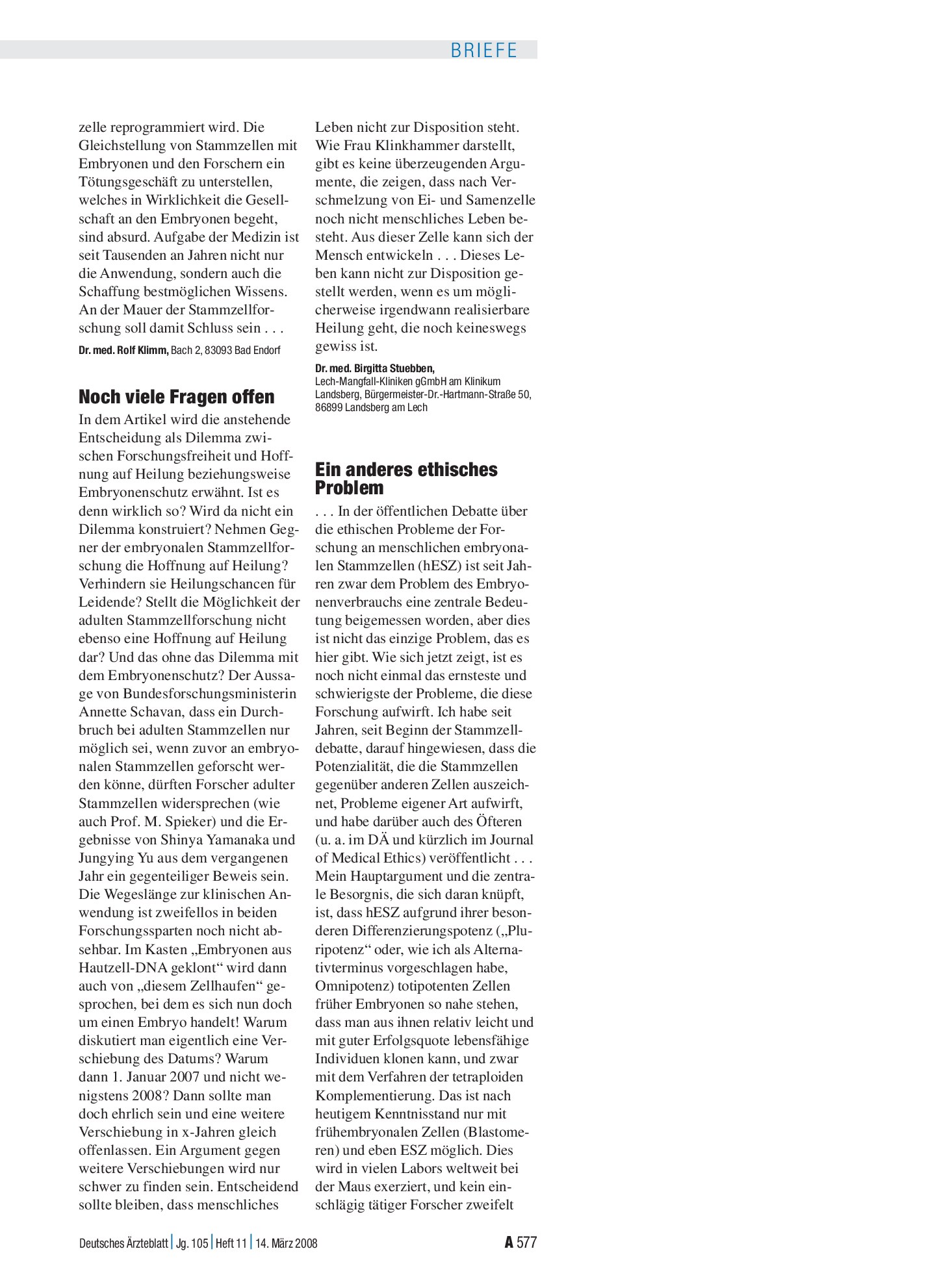 Vorschauseite 1: Stammzellforschung: Ein anderes ethisches Problem – Deutsches Ärzteblatt