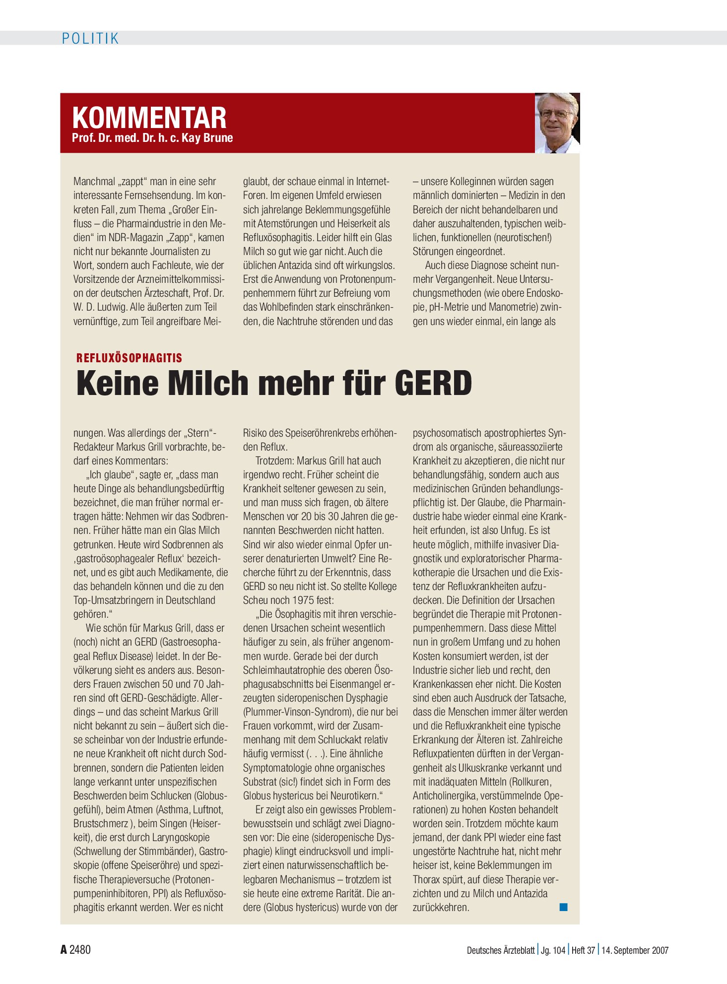 Vorschauseite 1: Refluxösophagitis: Keine Milch mehr für GERD – Deutsches Ärzteblatt