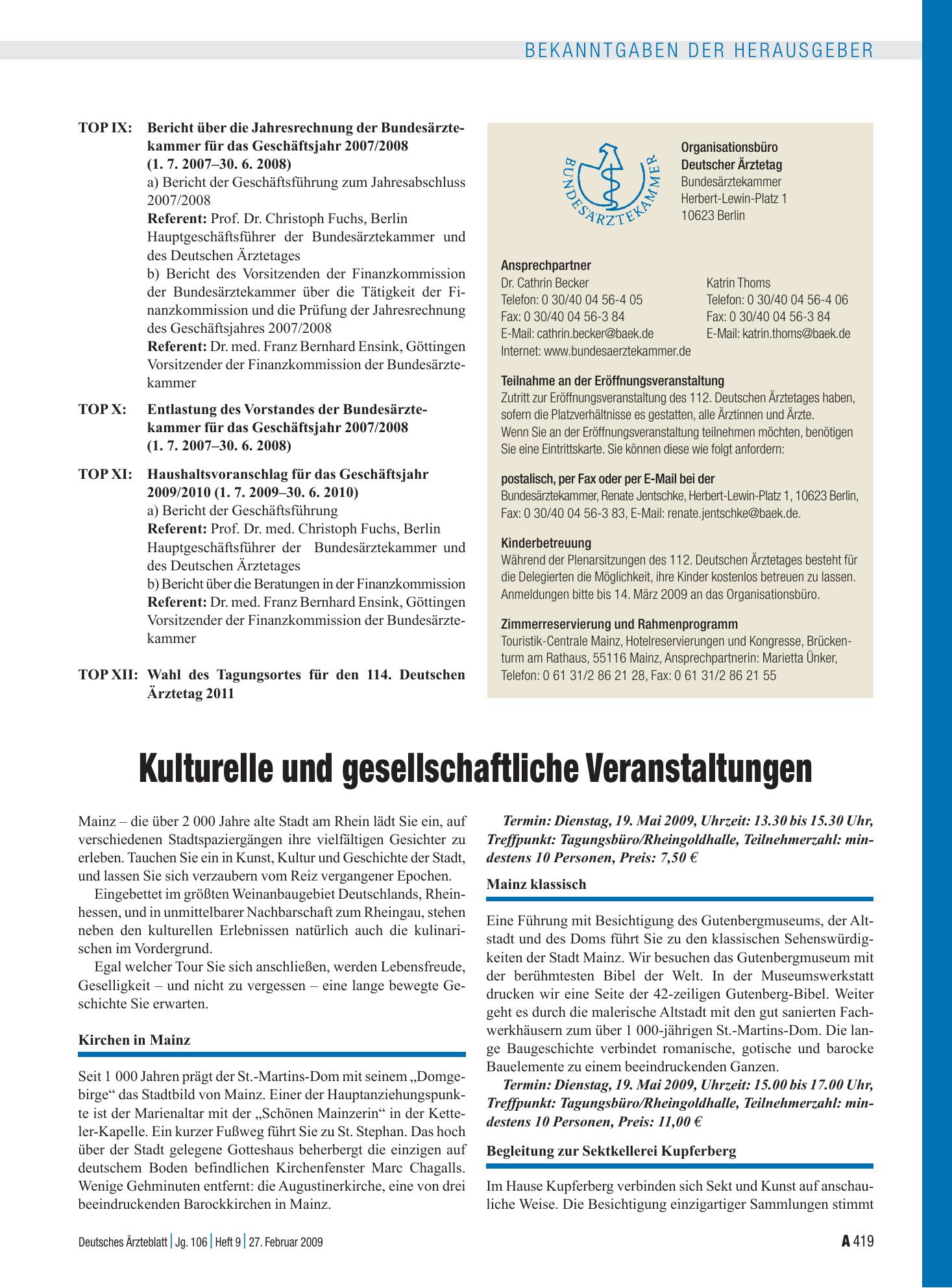 Vorschauseite 1: Kulturelle und gesellschaftliche Veranstaltungen – Deutsches Ärzteblatt