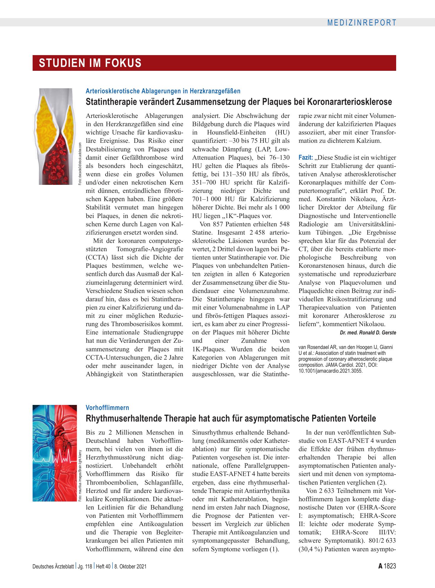 Vorschauseite 1: Vorhofflimmern: Rhythmuserhaltende Therapie hat auch für asymptomatische Patienten Vorteile – Deutsches Ärzteblatt