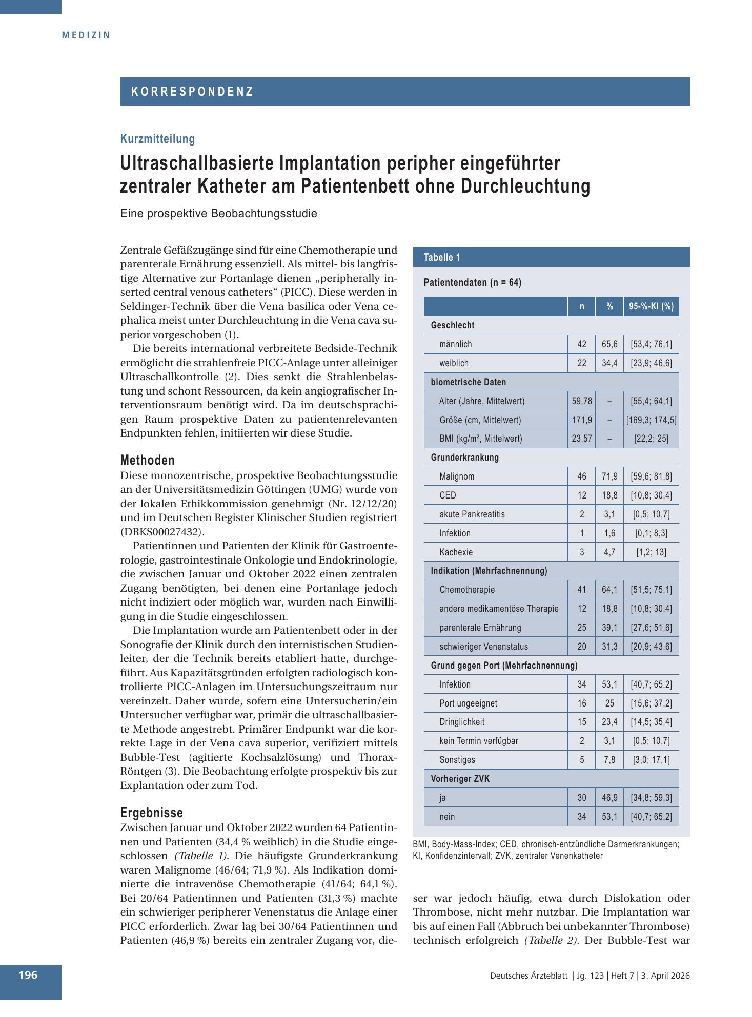 Vorschauseite 1: Ultraschallbasierte Implantation peripher eingeführter zentraler Katheter am Patientenbett ohne Durchleuchtung – Deutsches Ärzteblatt