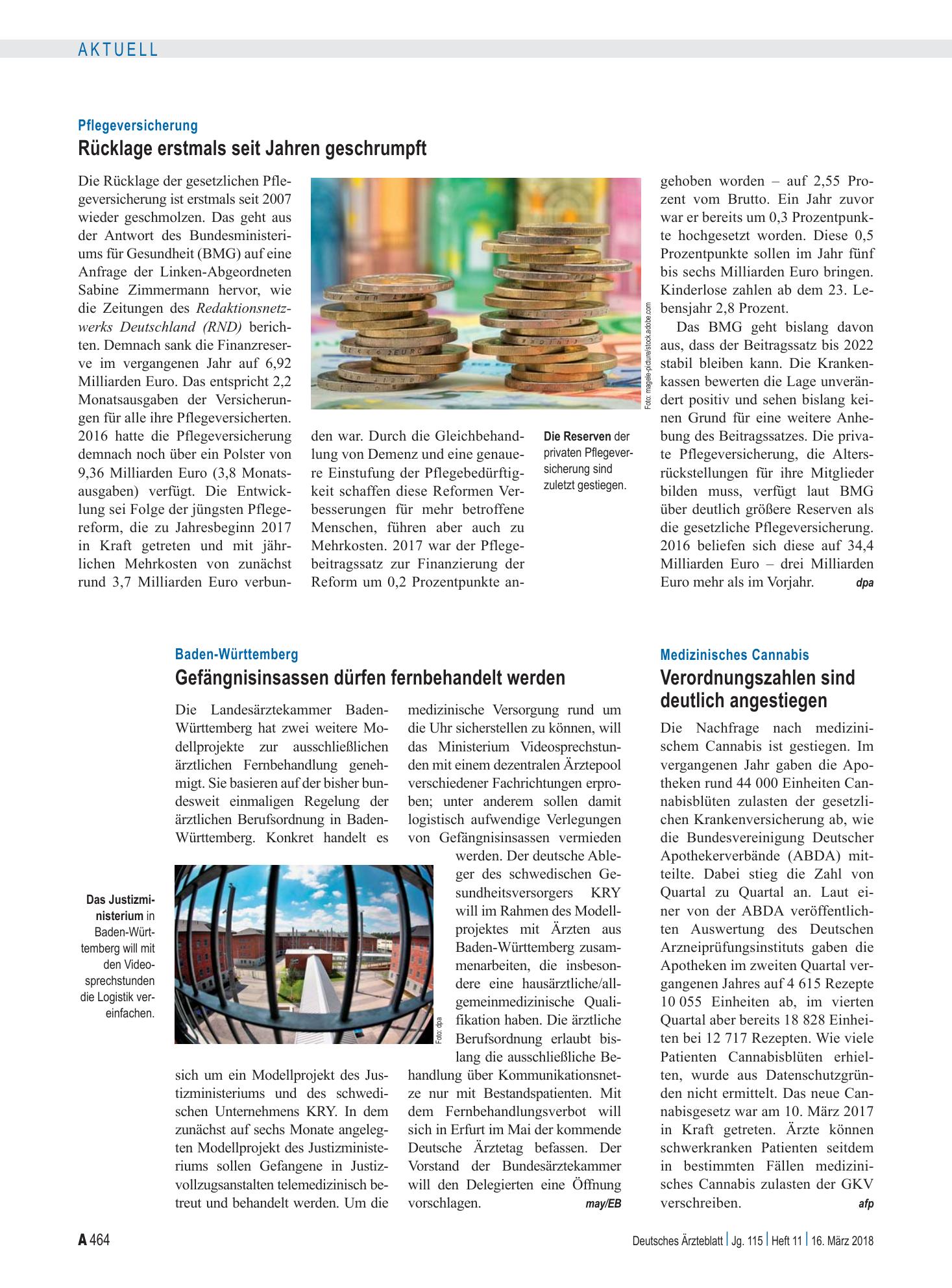 Vorschauseite 1: Pflegeversicherung: Rücklage erstmals seit Jahren geschrumpft – Deutsches Ärzteblatt