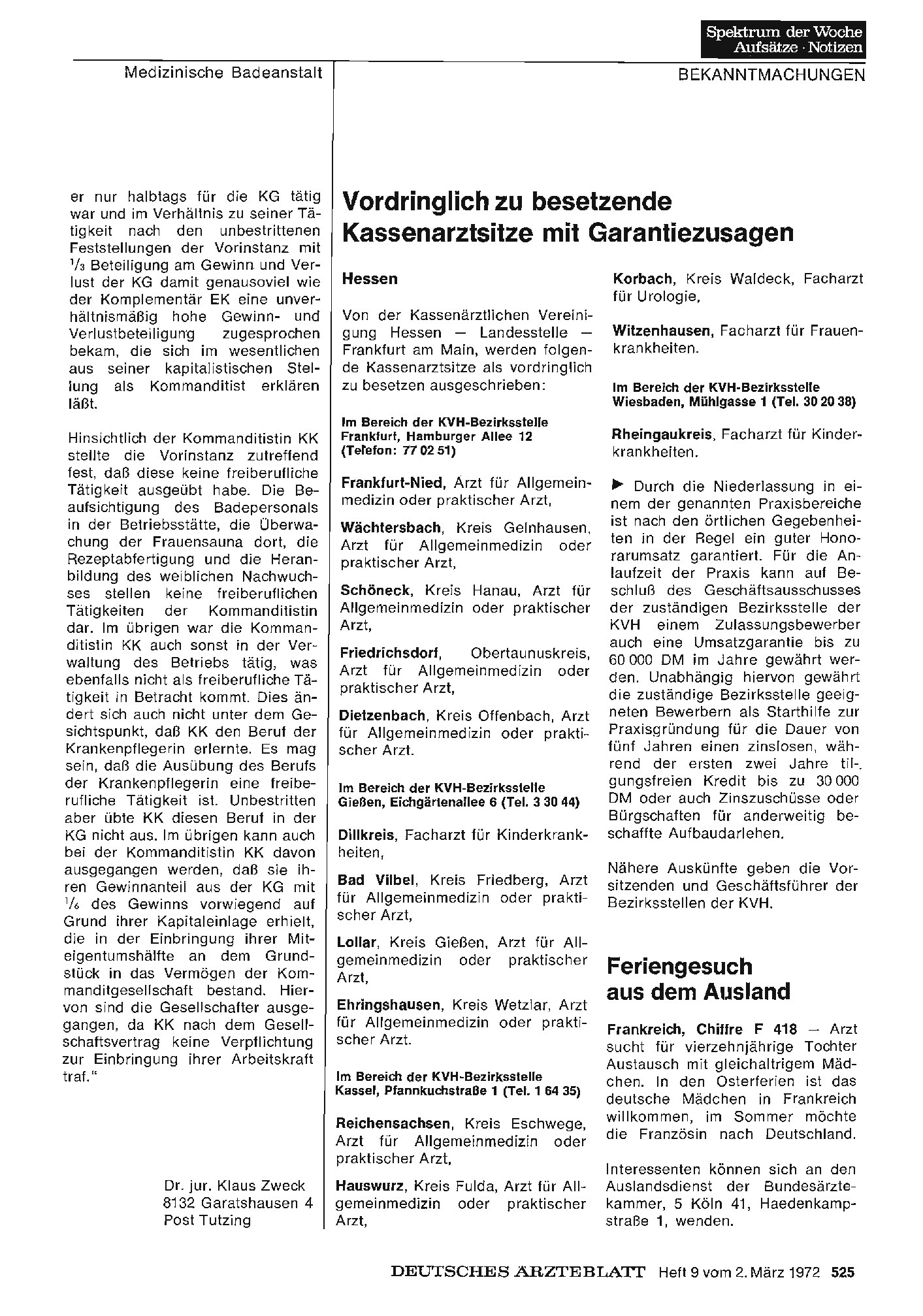 Vorschauseite 1: Vordringlich zu besetzende Kassenarztsitze mit Garantiezusagen
