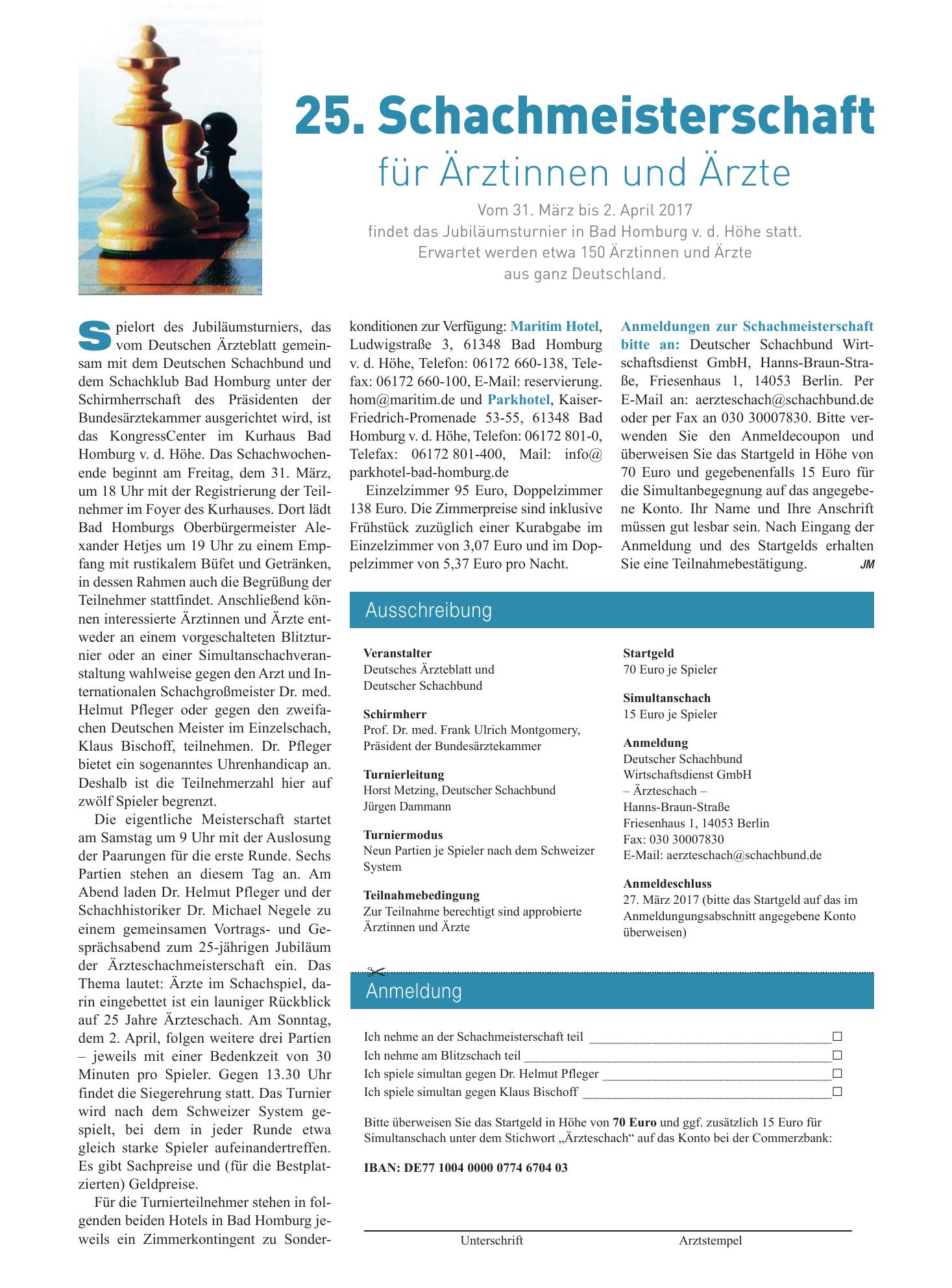 Vorschauseite 1: 25. Schachmeisterschaft für Ärztinnen und Ärzte – Deutsches Ärzteblatt