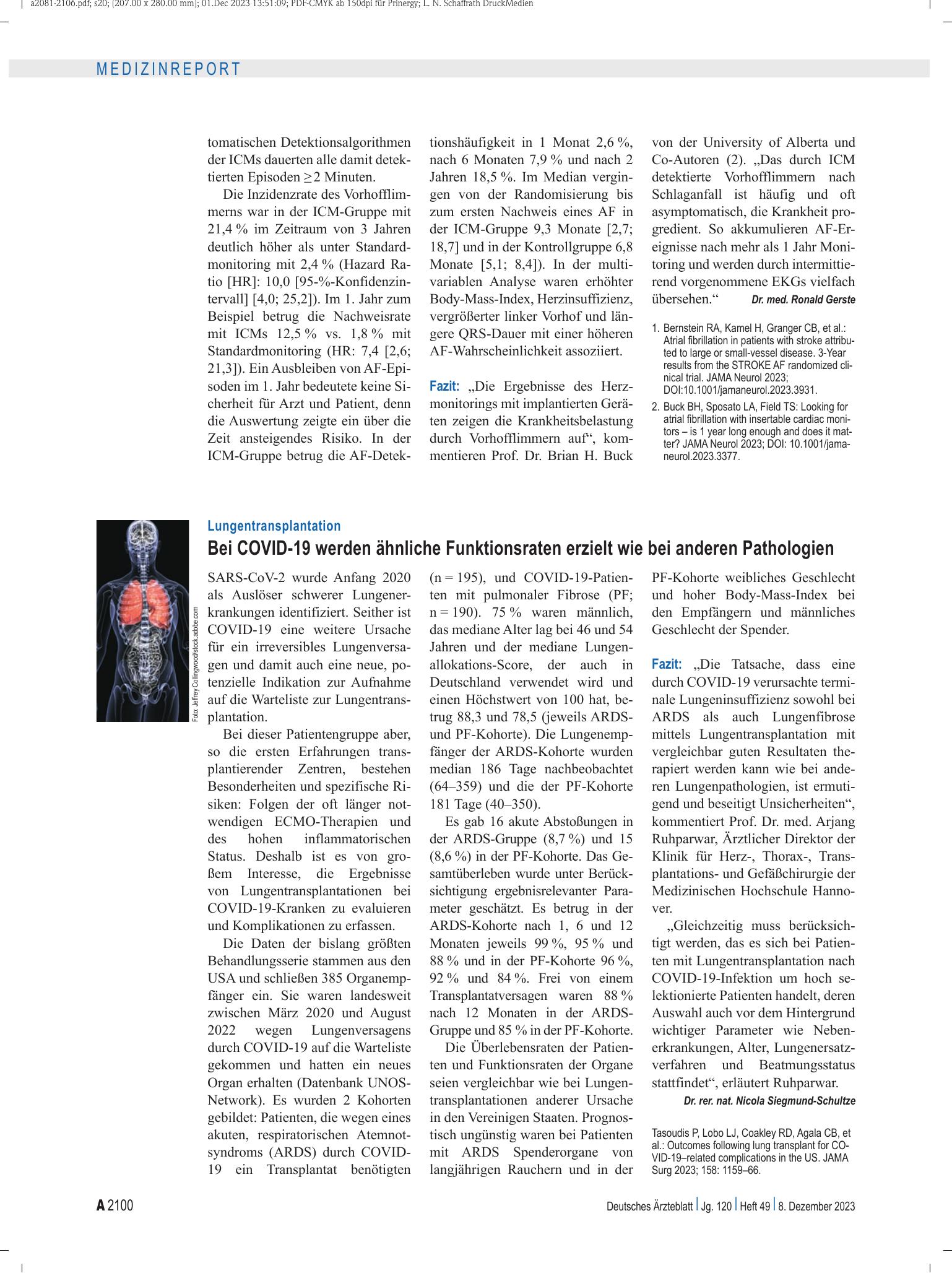 Vorschauseite 1: Lungentransplantation: Bei COVID-19 werden ähnliche Funktionsraten erzielt wie bei anderen Pathologien – Deutsches Ärzteblatt