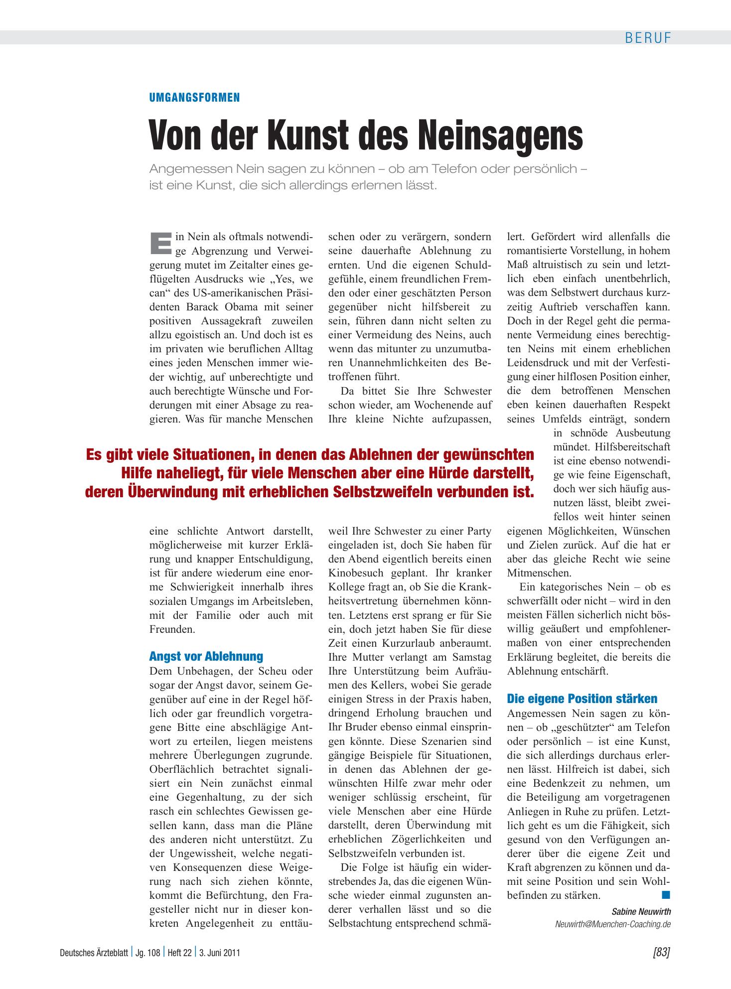 Vorschauseite 1: Umgangsformen: Von der Kunst des Neinsagens – Deutsches Ärzteblatt
