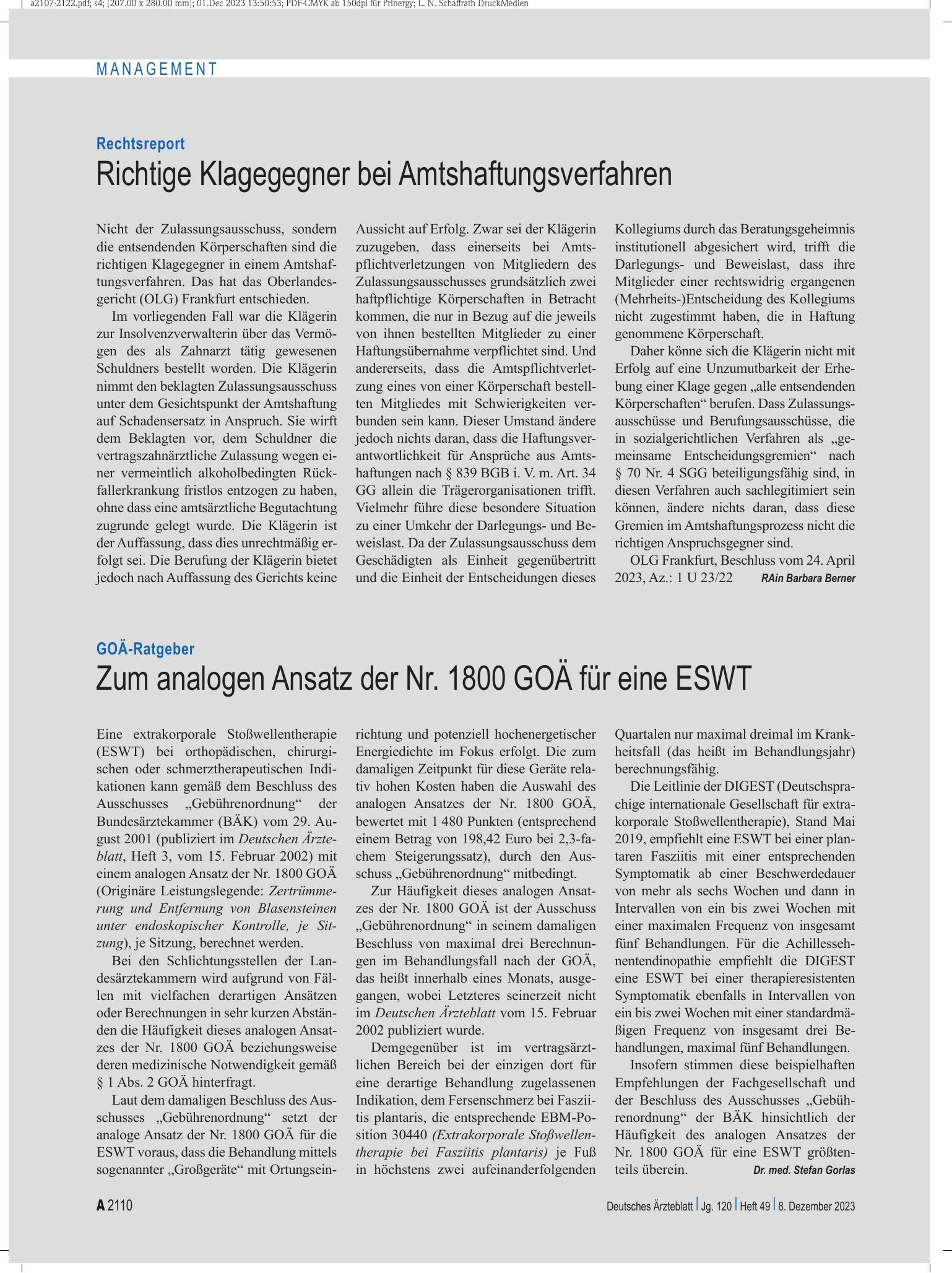 Vorschauseite 1: GOÄ-Ratgeber: Zum analogen Ansatz der Nr. 1800 GOÄ für eine ESWT – Deutsches Ärzteblatt