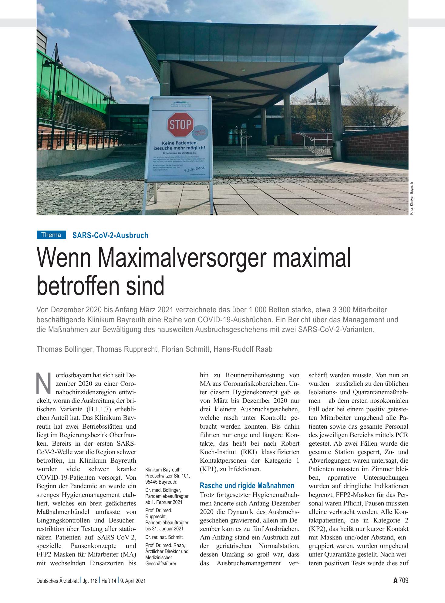 Vorschauseite 1: SARS-CoV-2-Ausbruch: Wenn Maximalversorger maximal betroffen sind – Deutsches Ärzteblatt