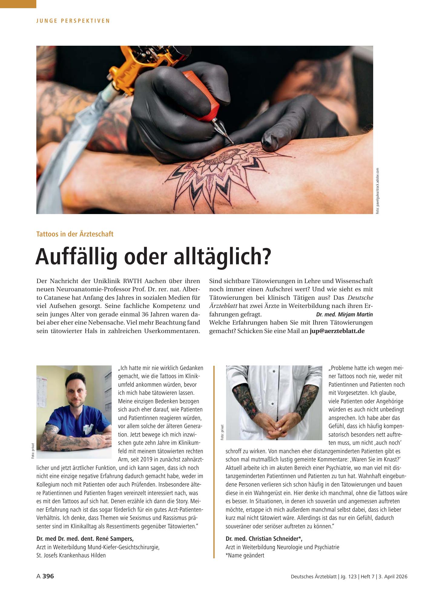 Vorschauseite 1: Tattoos in der Ärzteschaft: Auffällig oder alltäglich? – Deutsches Ärzteblatt