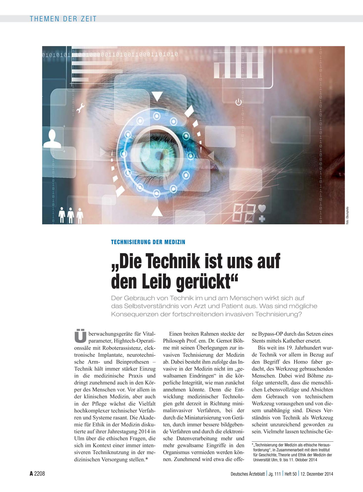 Vorschauseite 1: Technisierung der Medizin: „Die Technik ist uns auf den Leib gerückt“ – Deutsches Ärzteblatt