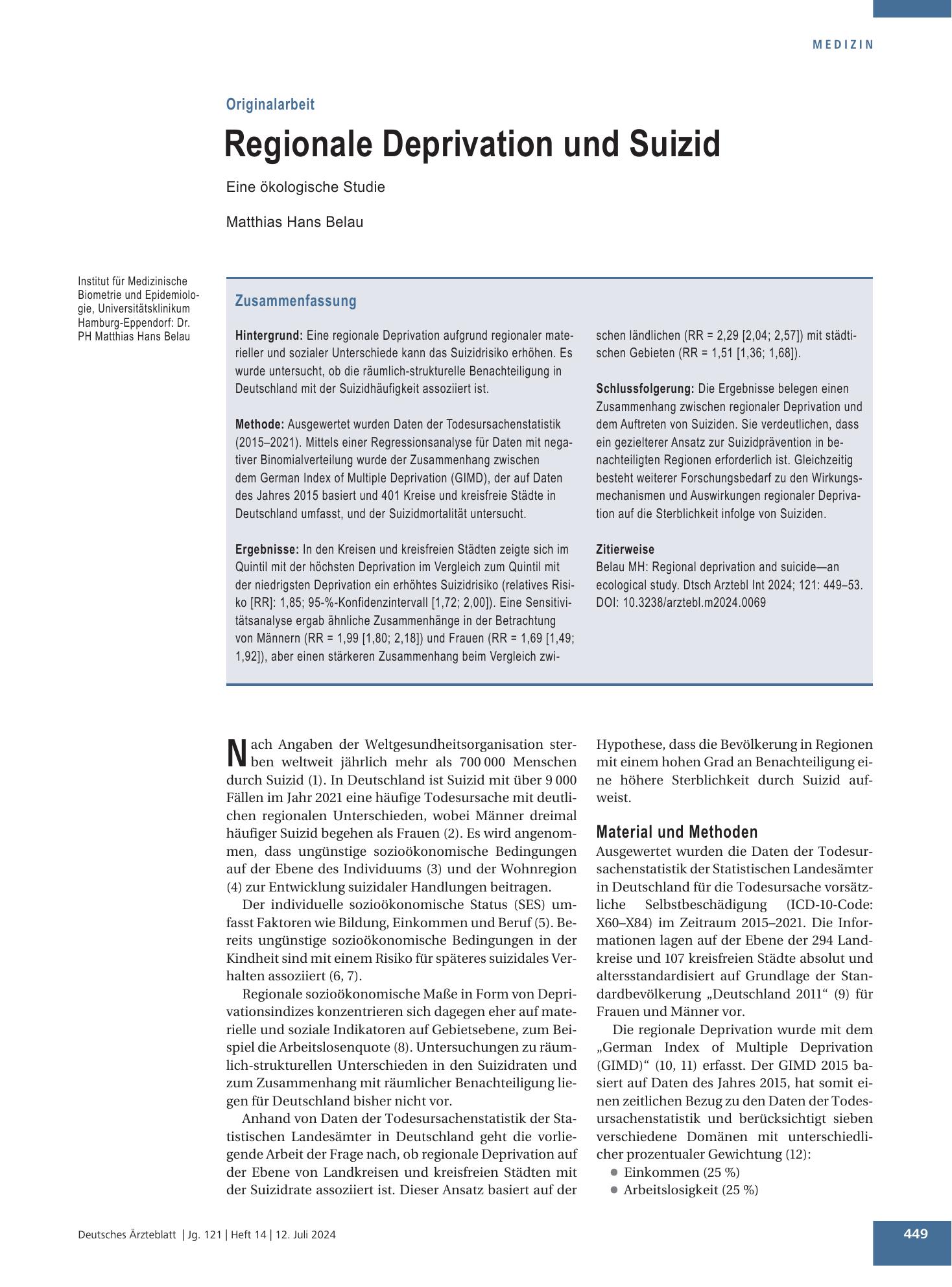 Vorschauseite 1: Regionale Deprivation und Suizid – Deutsches Ärzteblatt