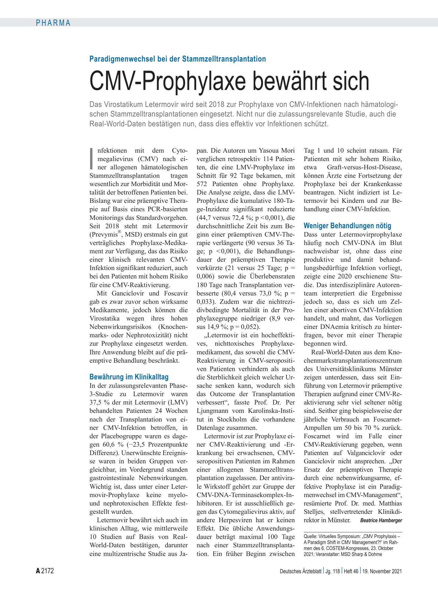 Vorschauseite 1: Paradigmenwechsel bei der Stammzelltransplantation: CMV-Prophylaxe bewährt sich – Deutsches Ärzteblatt
