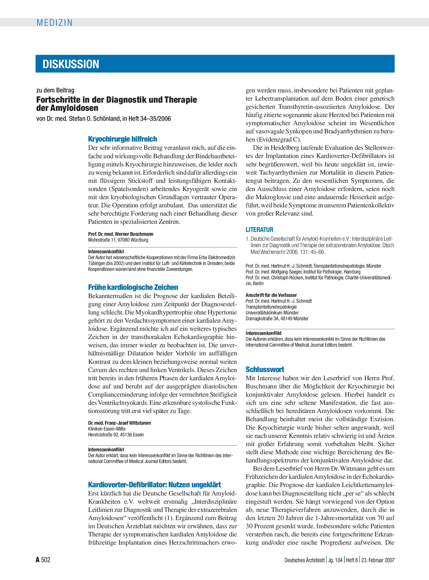 Vorschauseite 1: Fortschritte in der Diagnostik und Therapie der Amyloidosen: Kryochirurgie hilfreich – Deutsches Ärzteblatt