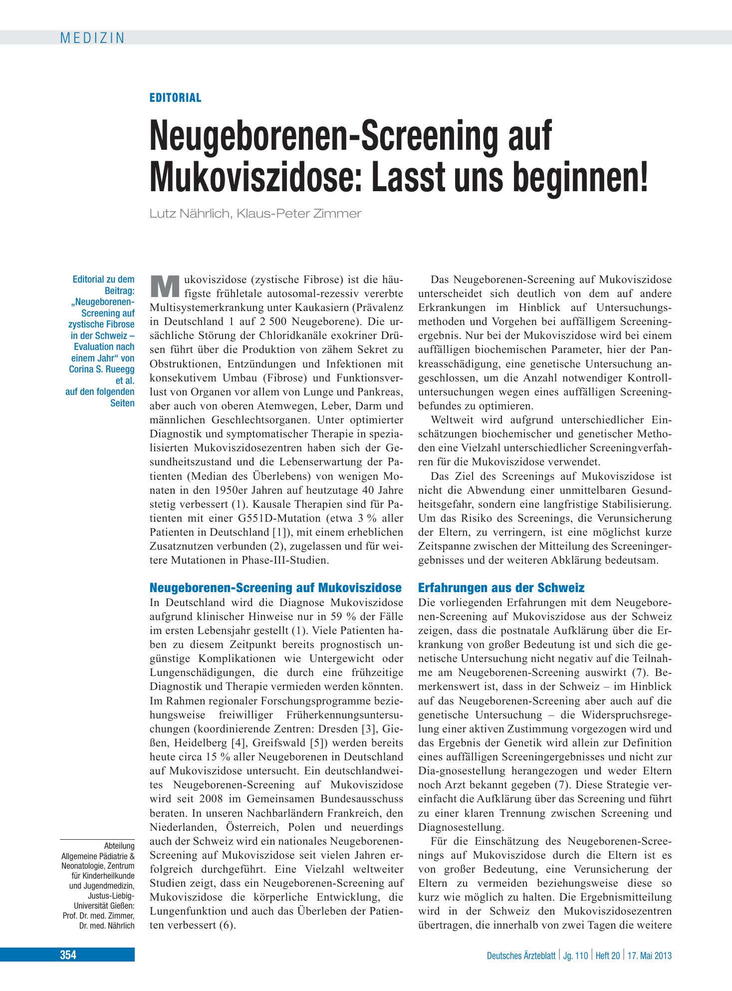 Vorschauseite 1: Neugeborenen-Screening auf Mukoviszidose – Deutsches Ärzteblatt