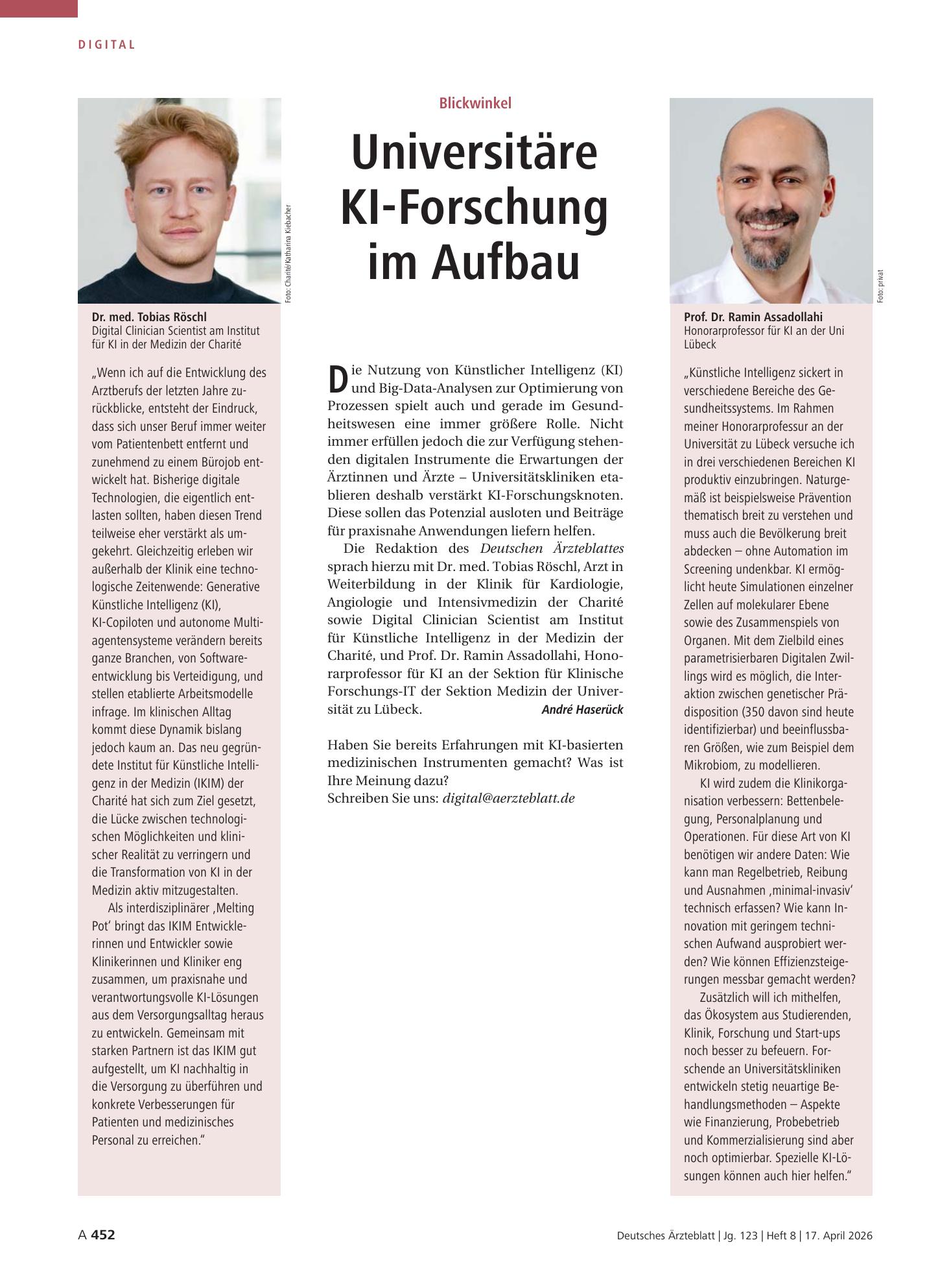 Vorschauseite 1: Blickwinkel: Universitäre KI-Forschung im Aufbau – Deutsches Ärzteblatt