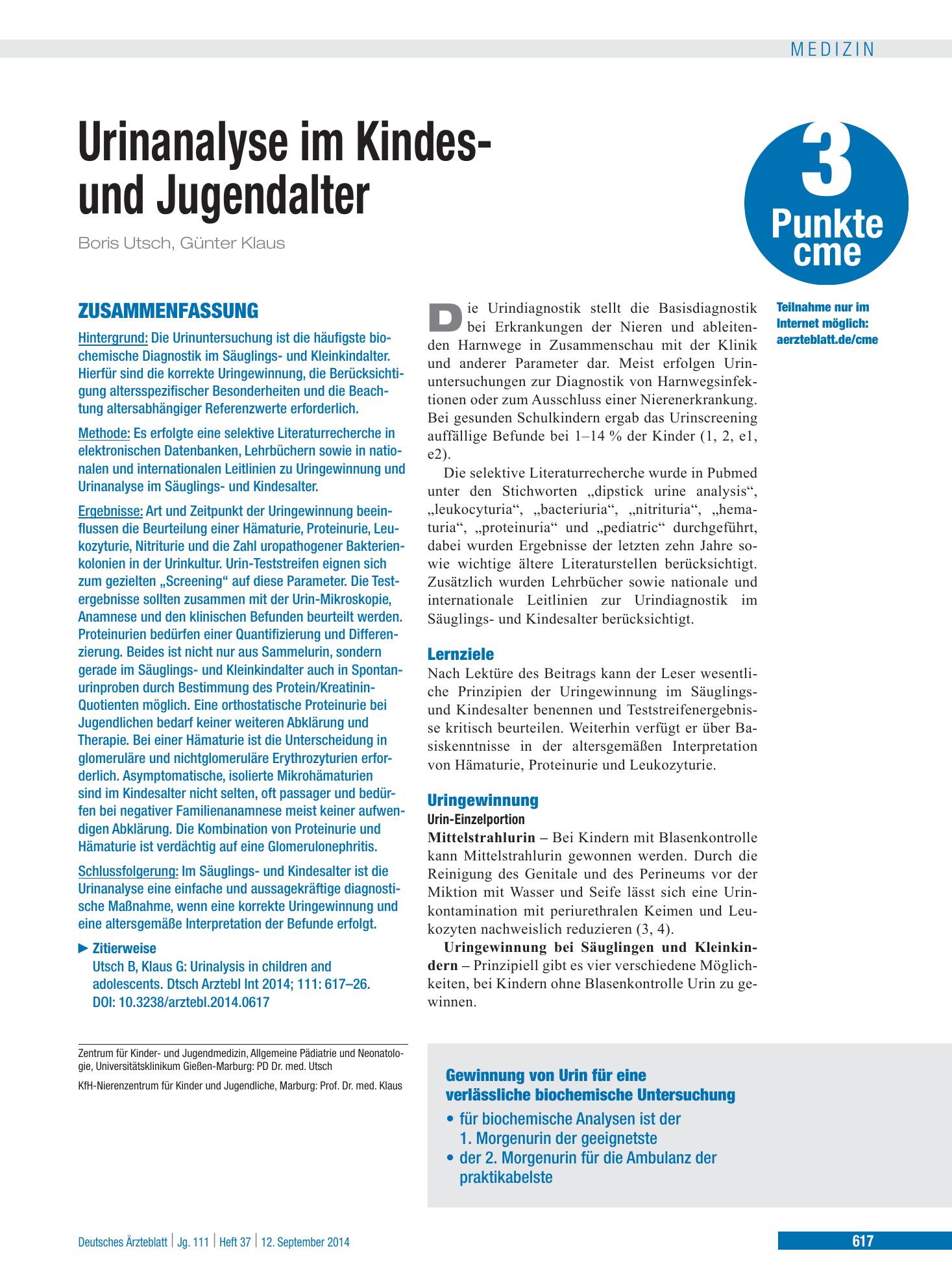 Vorschauseite 1: Urinanalyse im Kindes- und Jugendalter – Deutsches Ärzteblatt