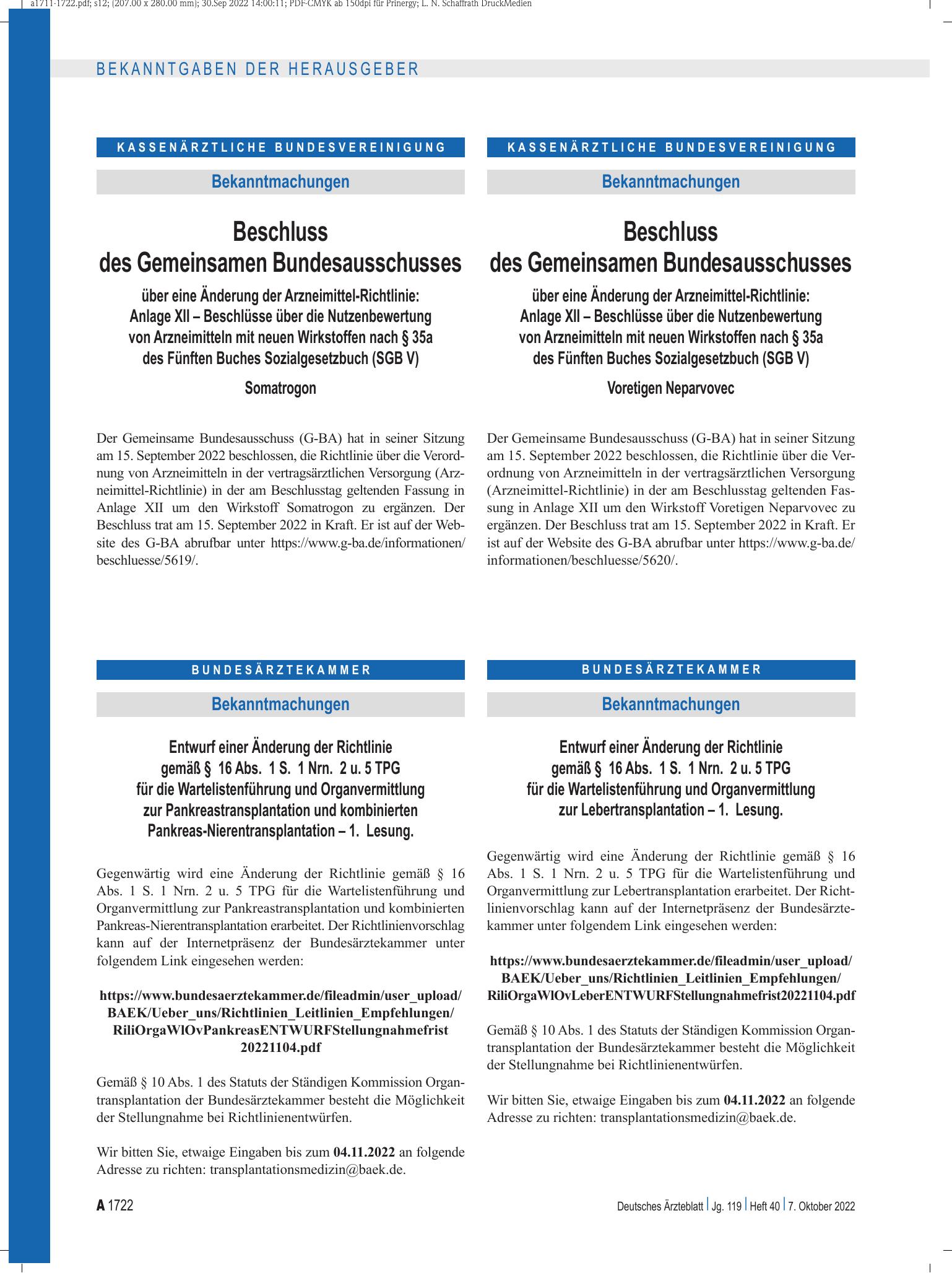 Vorschauseite 1: Entwurf einer Änderung der Richtlinie gemäß § 16 Abs. 1 S. 1 Nrn. 2 u. 5 TPG für die Wartelistenführung und Organvermittlung zur Pankreastransplantation und kombinierten Pankreas-…