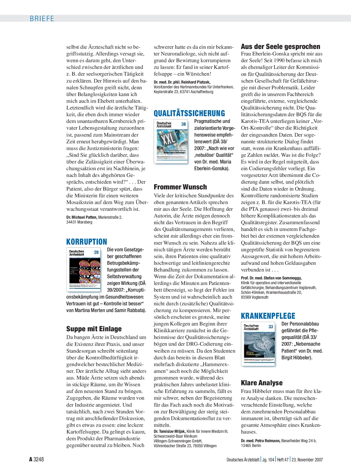 Vorschauseite 1: Qualitätssicherung: Aus der Seele gesprochen – Deutsches Ärzteblatt