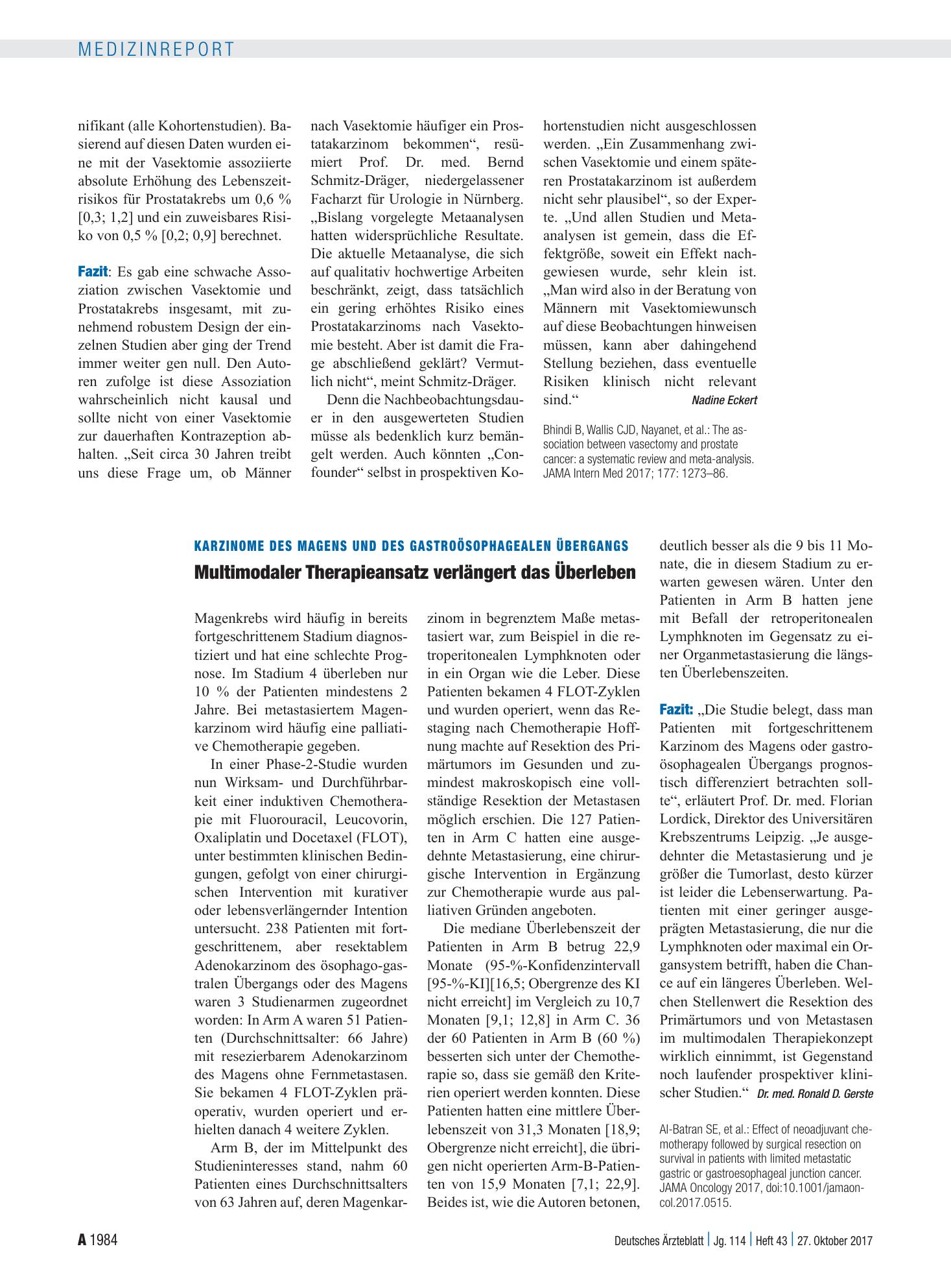 Vorschauseite 1: Karzinome des Magens und des gastroösophagealen Übergangs: Multimodaler Therapieansatz verlängert das Überleben – Deutsches Ärzteblatt