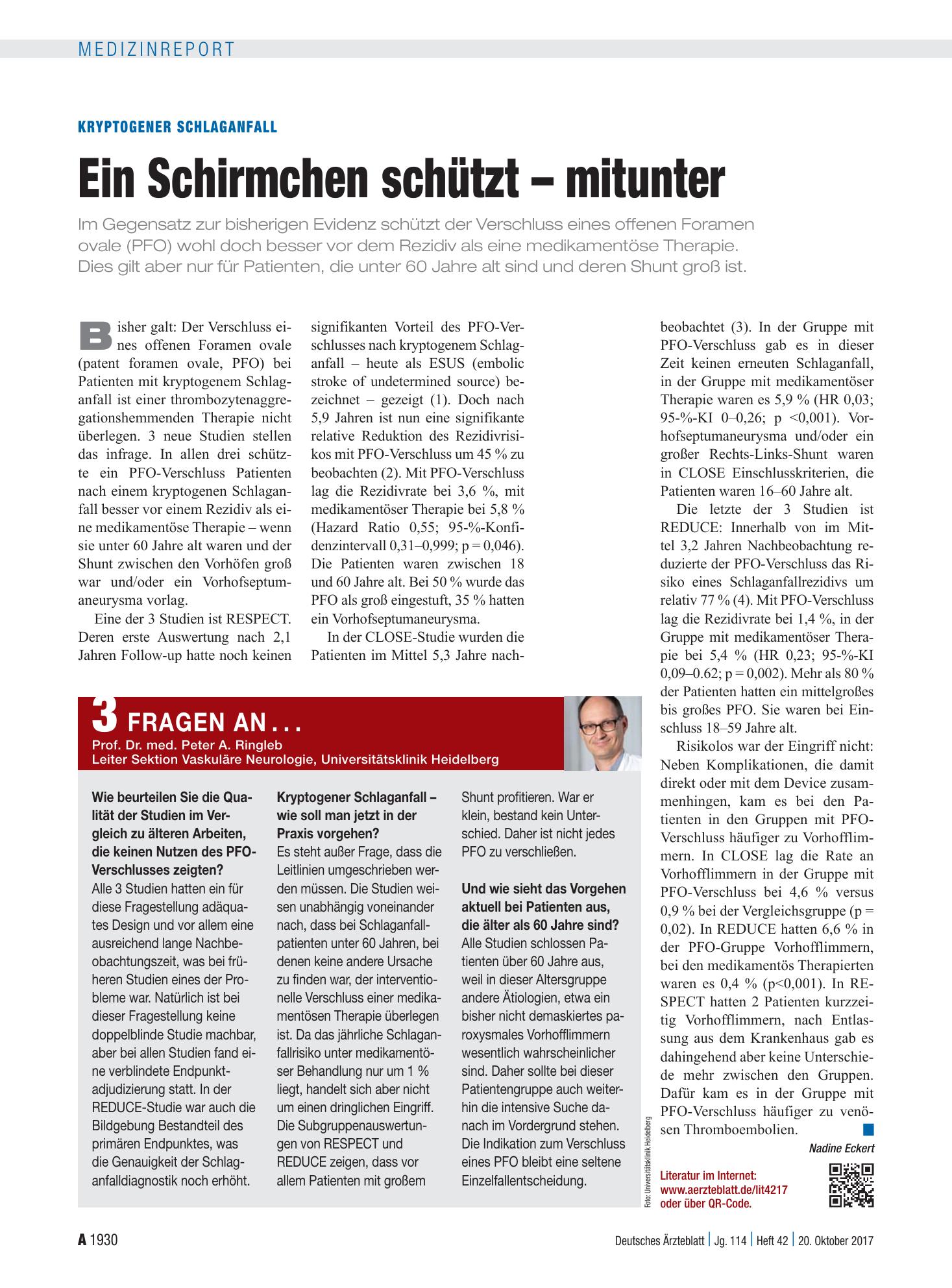 Vorschauseite 1: Kryptogener Schlaganfall: Ein Schirmchen schützt – mitunter – Deutsches Ärzteblatt