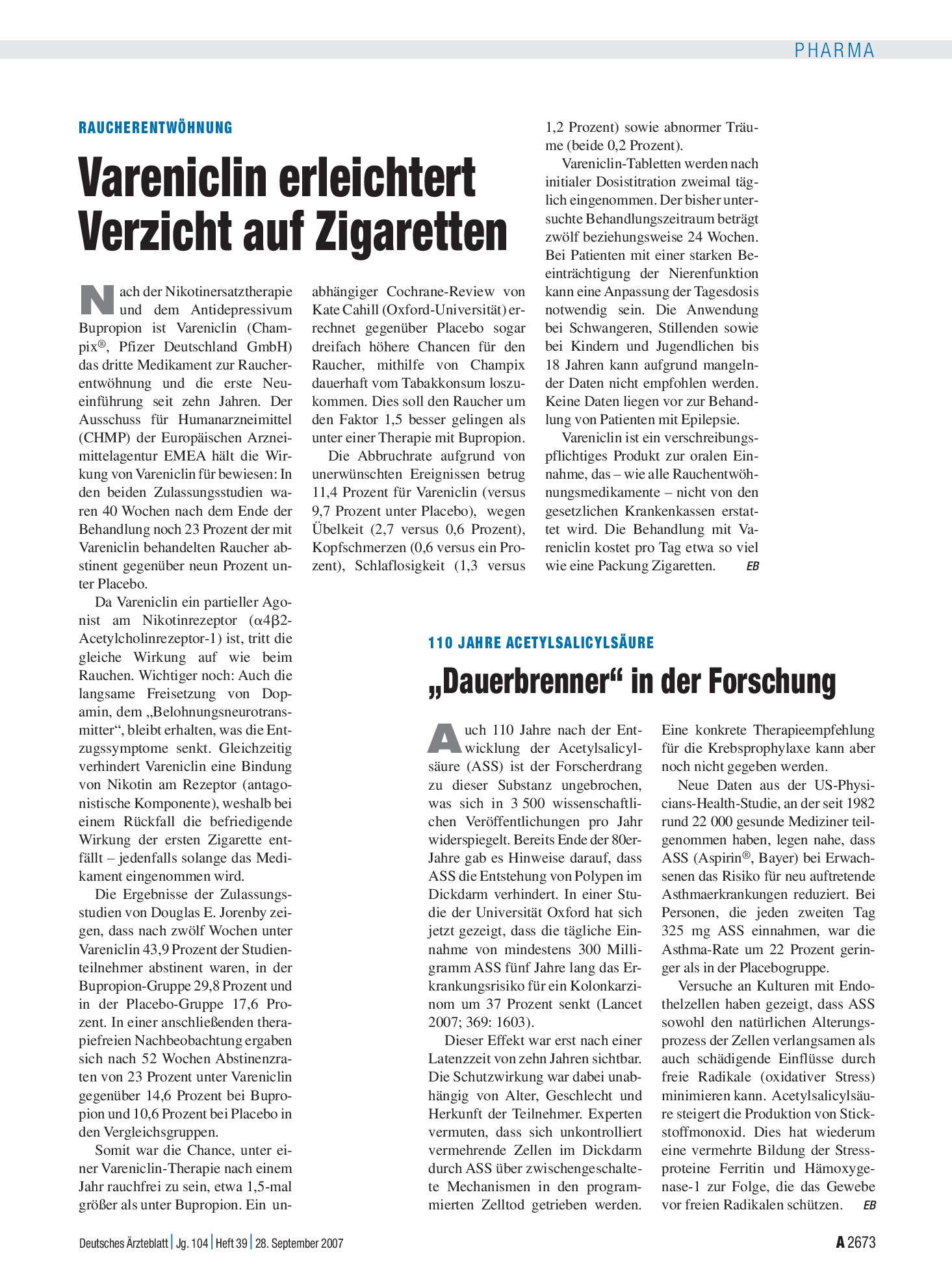 Vorschauseite 1: Raucherentwöhnung: Vareniclin erleichtert Verzicht auf Zigaretten – Deutsches Ärzteblatt