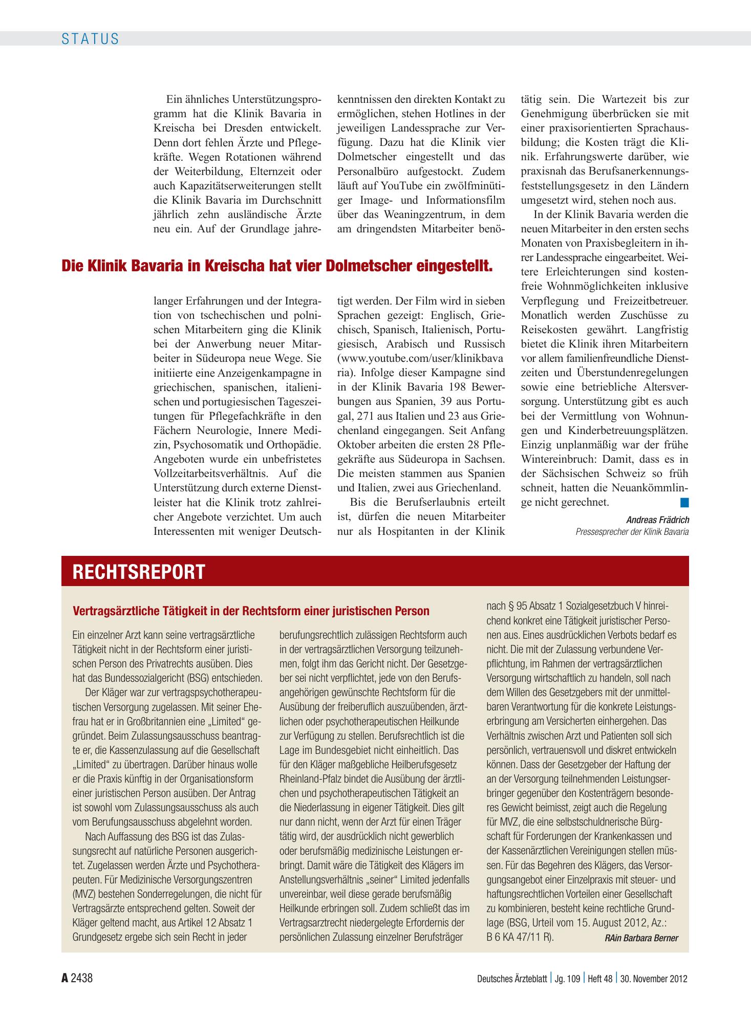 Vorschauseite 1: Vertragsärztliche Tätigkeit in der Rechtsform einer juristischen Person – Deutsches Ärzteblatt