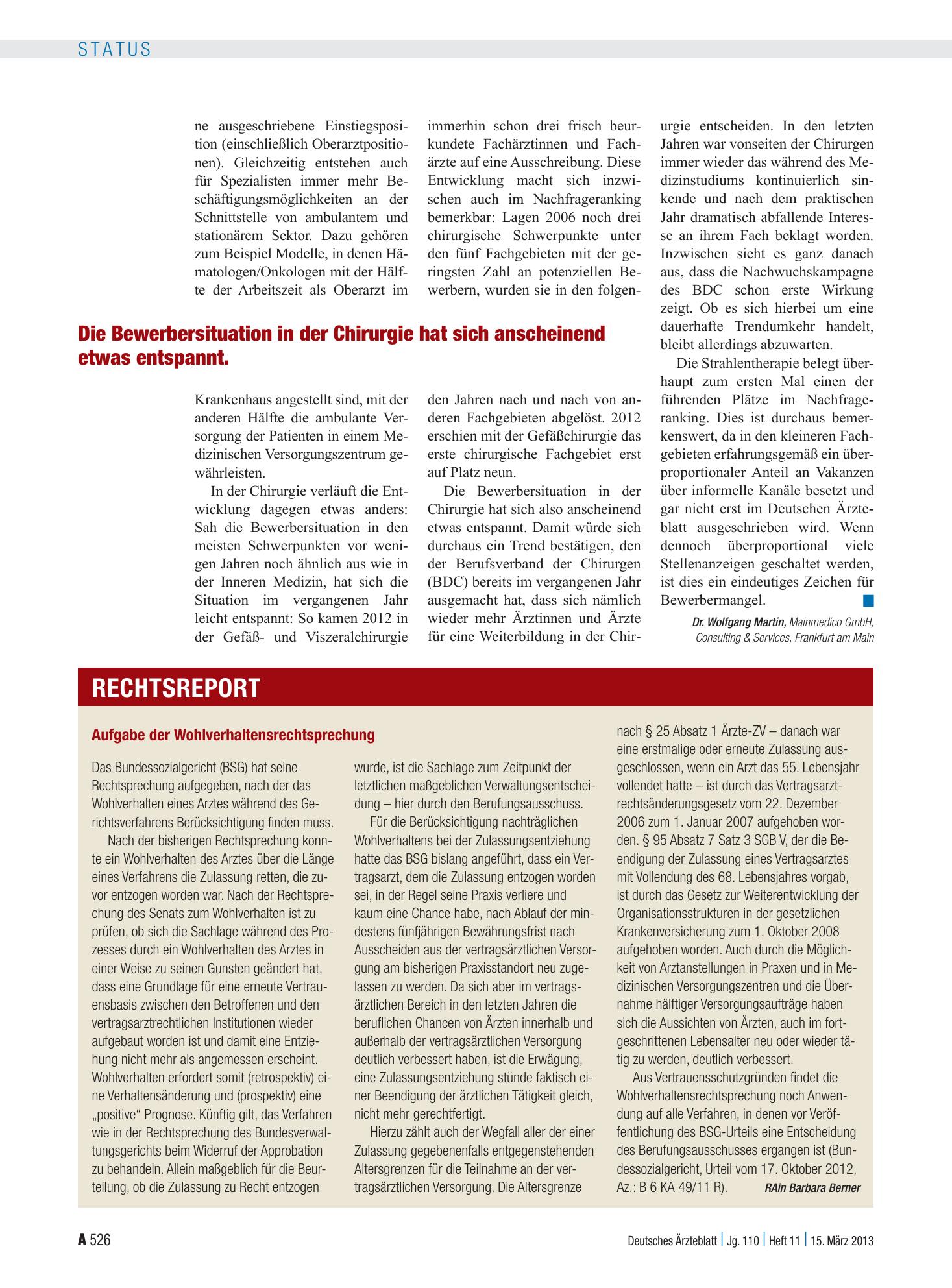 Vorschauseite 1: Aufgabe der Wohlverhaltensrechtsprechung – Deutsches Ärzteblatt