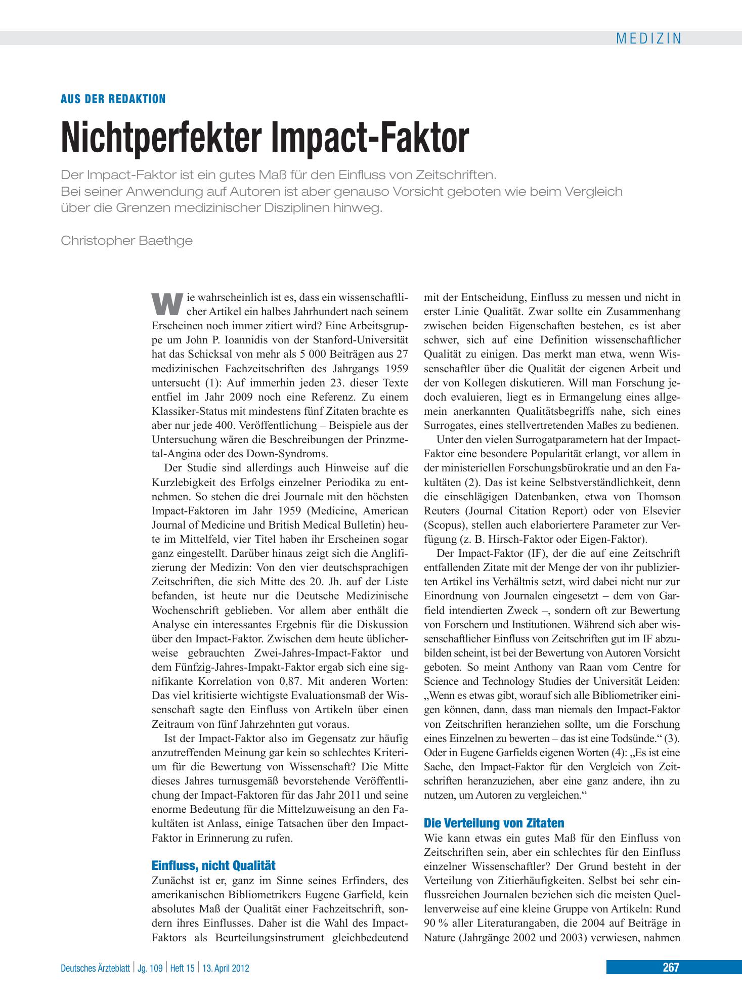 Vorschauseite 1: Nichtperfekter Impact-Faktor – Deutsches Ärzteblatt