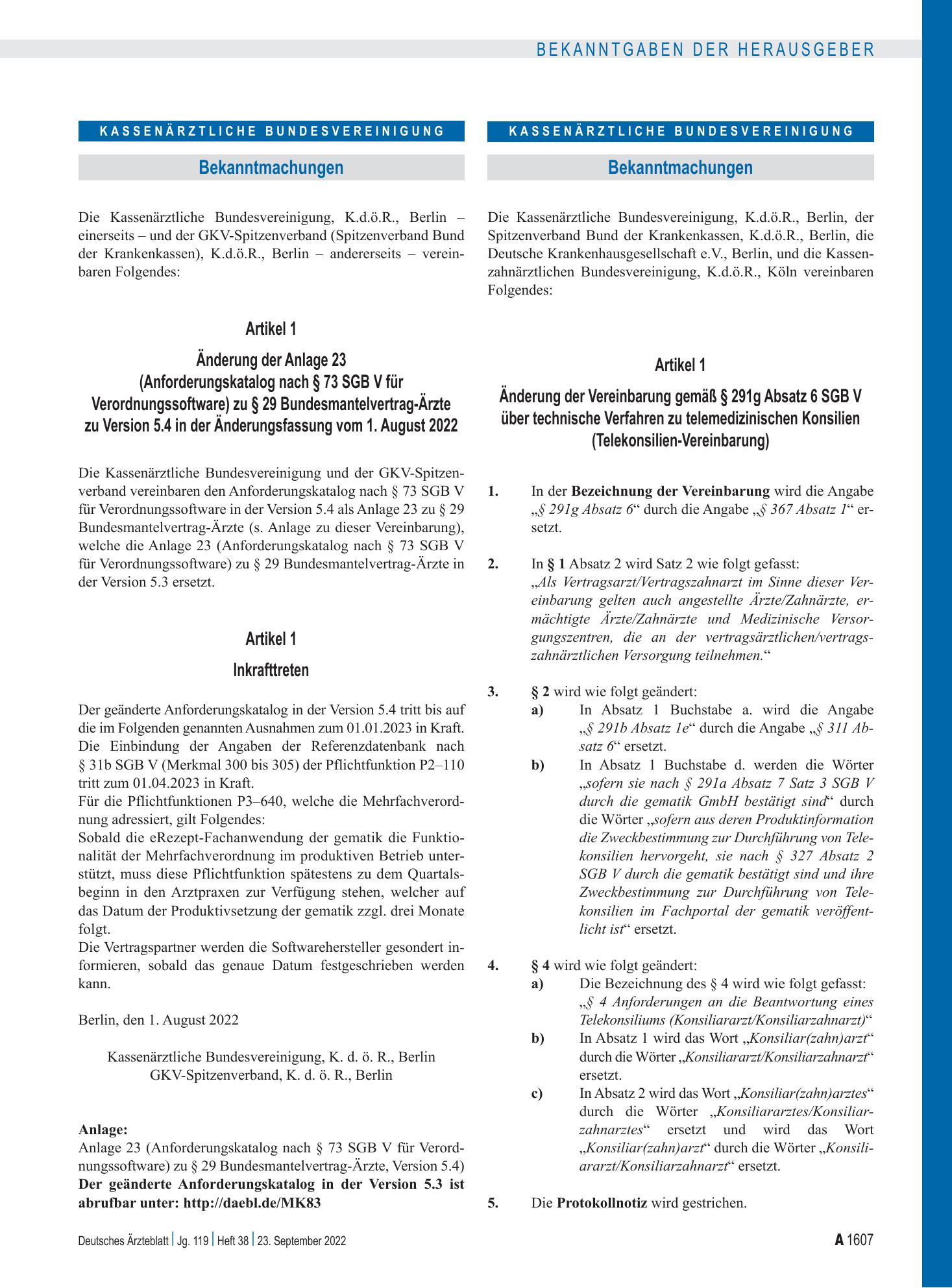 Vorschauseite 1: Änderung der Vereinbarung gemäß § 291g Absatz 6 SGB V über technische Verfahren zu telemedizinischen Konsilien (Telekonsilien-Vereinbarung) – Deutsches Ärzteblatt