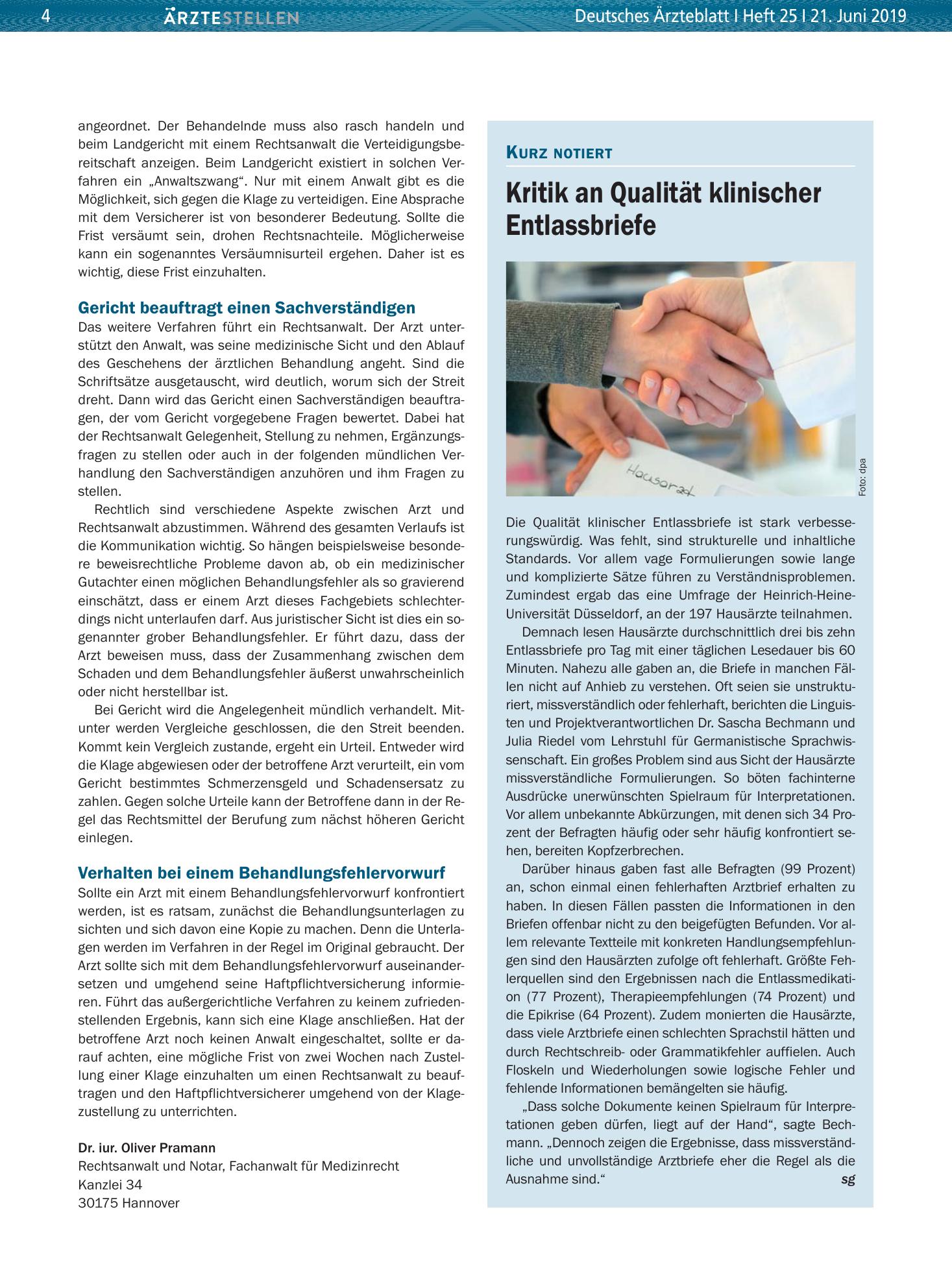 Vorschauseite 1: Kritik an Qualität klinischer Entlassbriefe – Deutsches Ärzteblatt