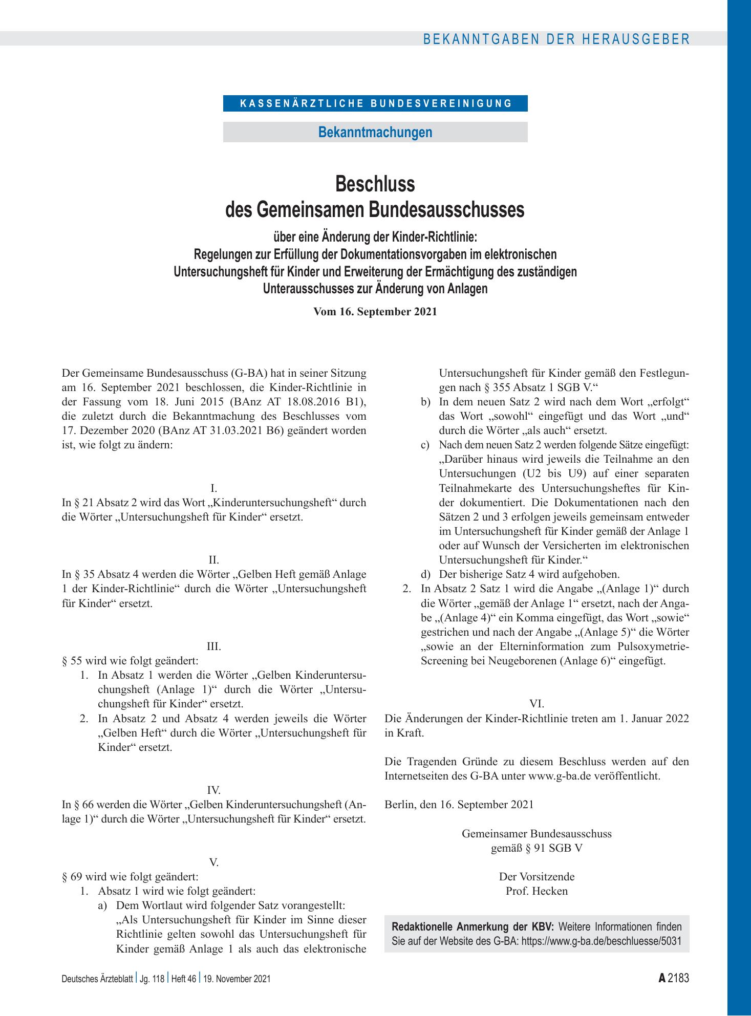 Vorschauseite 1: Regelungen zur Erfüllung der Dokumentationsvorgaben im elektronischen Untersuchungsheft für Kinder und Erweiterung der Ermächtigung des zuständigen Unterausschusses zur Änderung v…