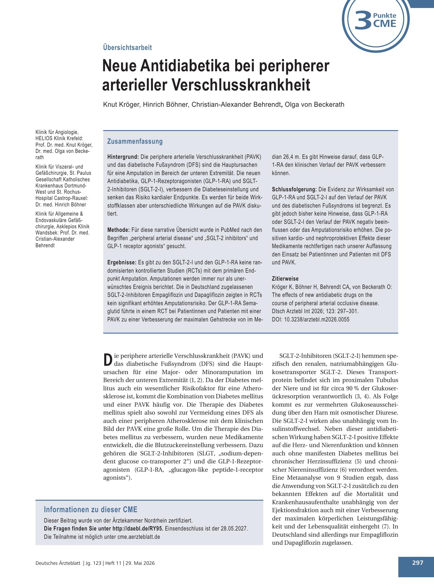 Vorschauseite 1: Neue Antidiabetika bei peripherer arterieller Verschlusskrankheit – Deutsches Ärzteblatt