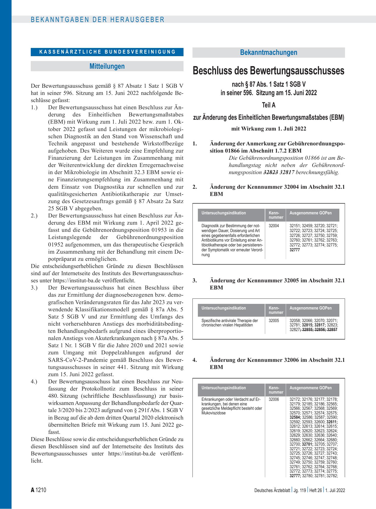 Vorschauseite 1: Beschluss des Bewertungsausschusses nach § 87 Abs. 1 Satz 1 SGB V in seiner 596. Sitzung am 15. Juni 2022 zur Änderung des Einheitlichen Bewertungsmaßstabes (EBM) – Deutsches Ärzt…